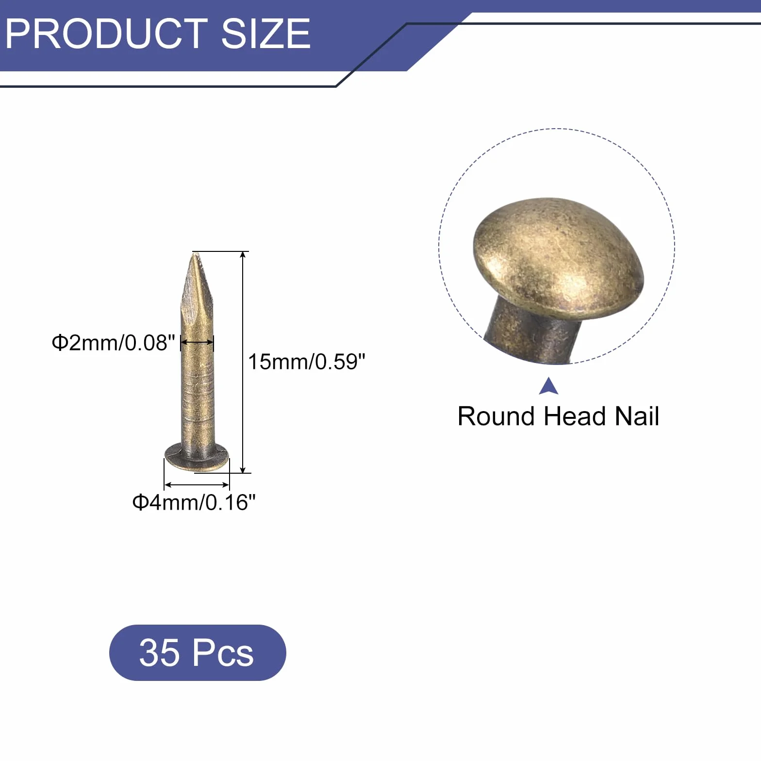 QUARKZMAN 35 sztuk małych gwoździ, 2 x 15 mm (DxL), małe mosiężne gwoździe, okrągła główka mosiężna, gwoździe do drewna, projektów DIY, dekoracyjnych pudełek, gospodarstwa domowego, odcień brązu