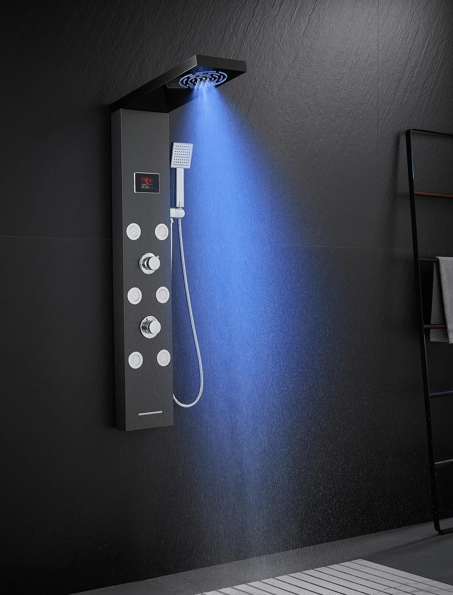 System wieży prysznicowej LED z deszczownicą, hydroelektryczny system paneli prysznicowych ze stali nierdzewnej (bez baterii) z 6 dyszami nadwozia, czarny