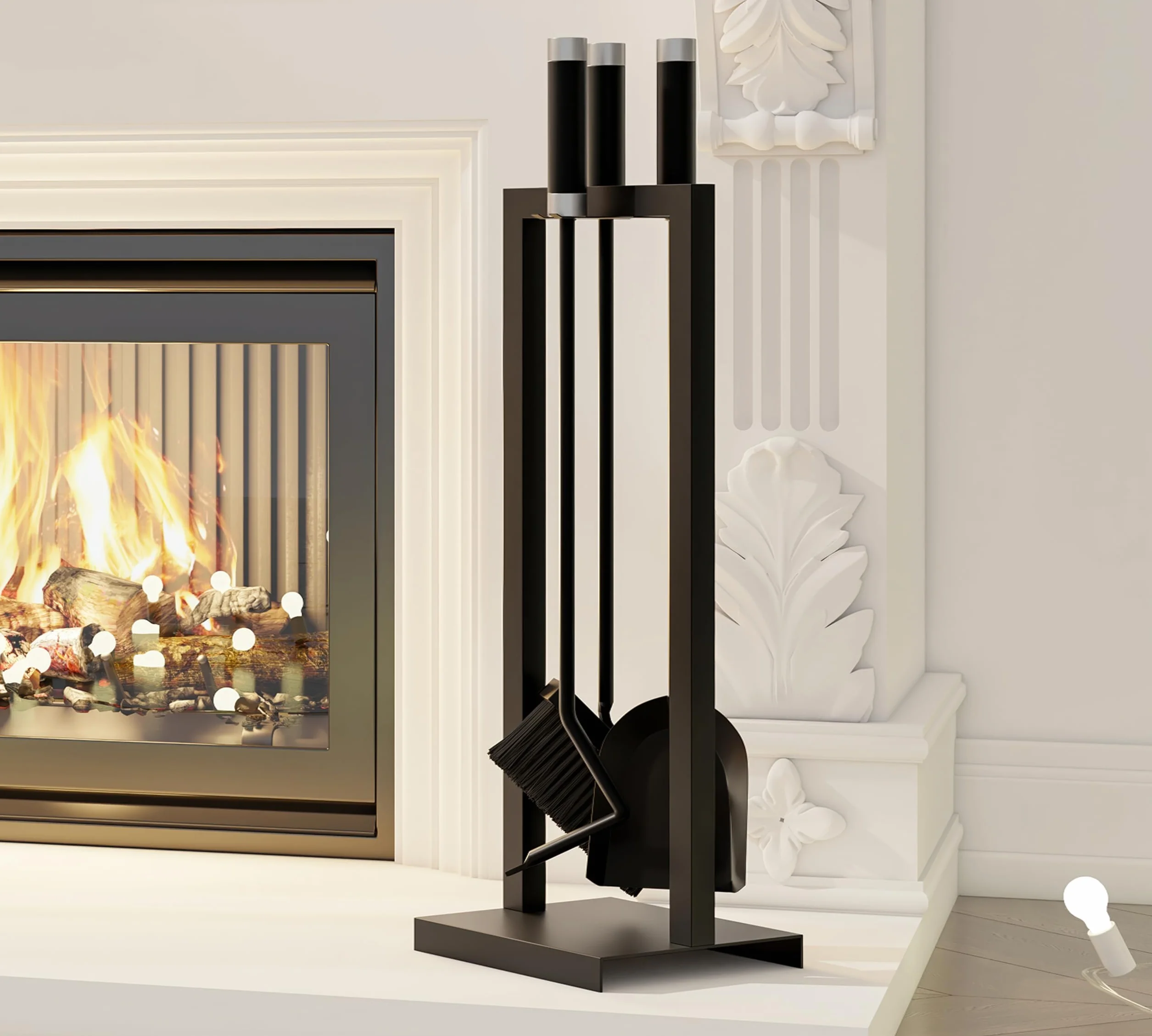 Kingson Fireside Companion – 3-częściowy zestaw narzędzi kominkowych ze stojakiem, zawiera łopatę, pędzel i poker, powlekany proszkowo na czarno ze stalowymi i nierdzewnymi uchwytami, 59,5 cm