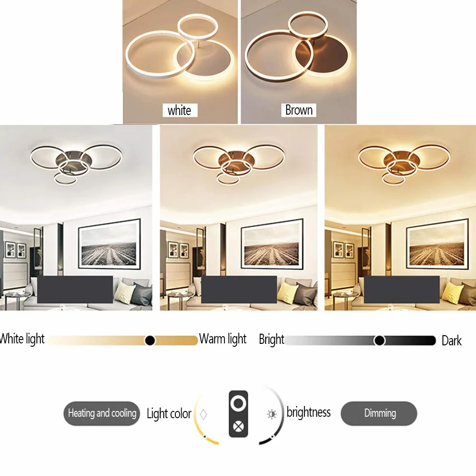 Przyciemniana lampa sufitowa LED, nowoczesna, do salonu, z pilotem zdalnego sterowania, metalowa, akrylowa, oświetlenie sypialni, kuchni, jadalni, łazienki, lampa punktowa, biała, 5 pierścieni