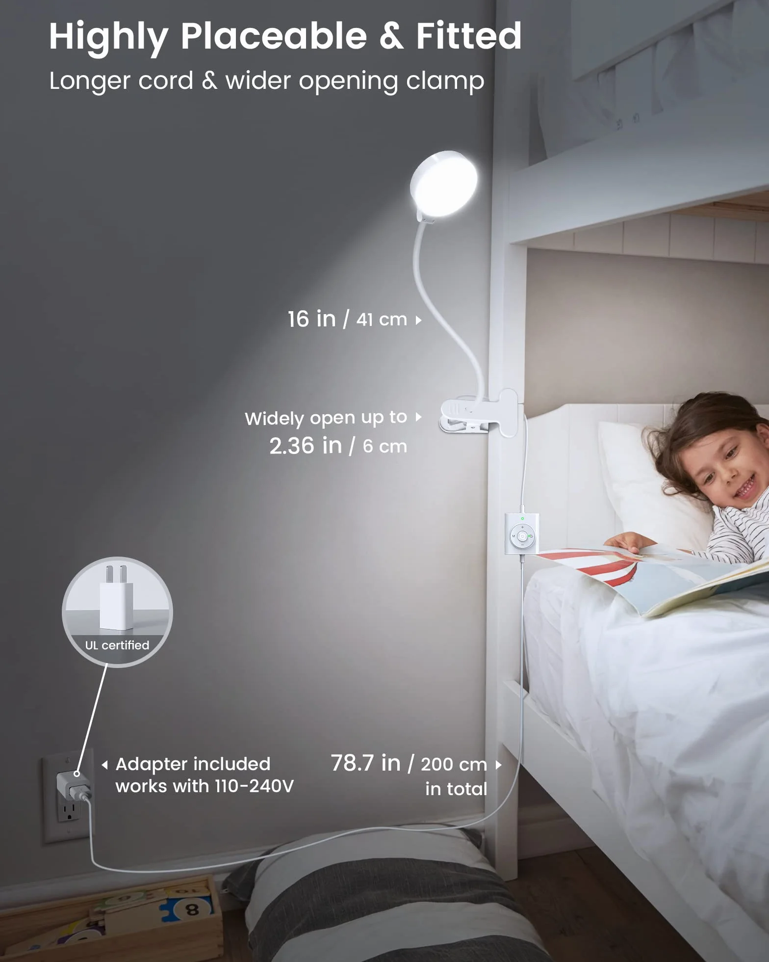 Glocusent Lampa biurkowa LED 5 W z 36 koralikami, łabędzia szyja lampa do łóżka dla 3 kolorów i 5 jasności, CRI 90, idealna lampa do czytania (biała z adapterem)