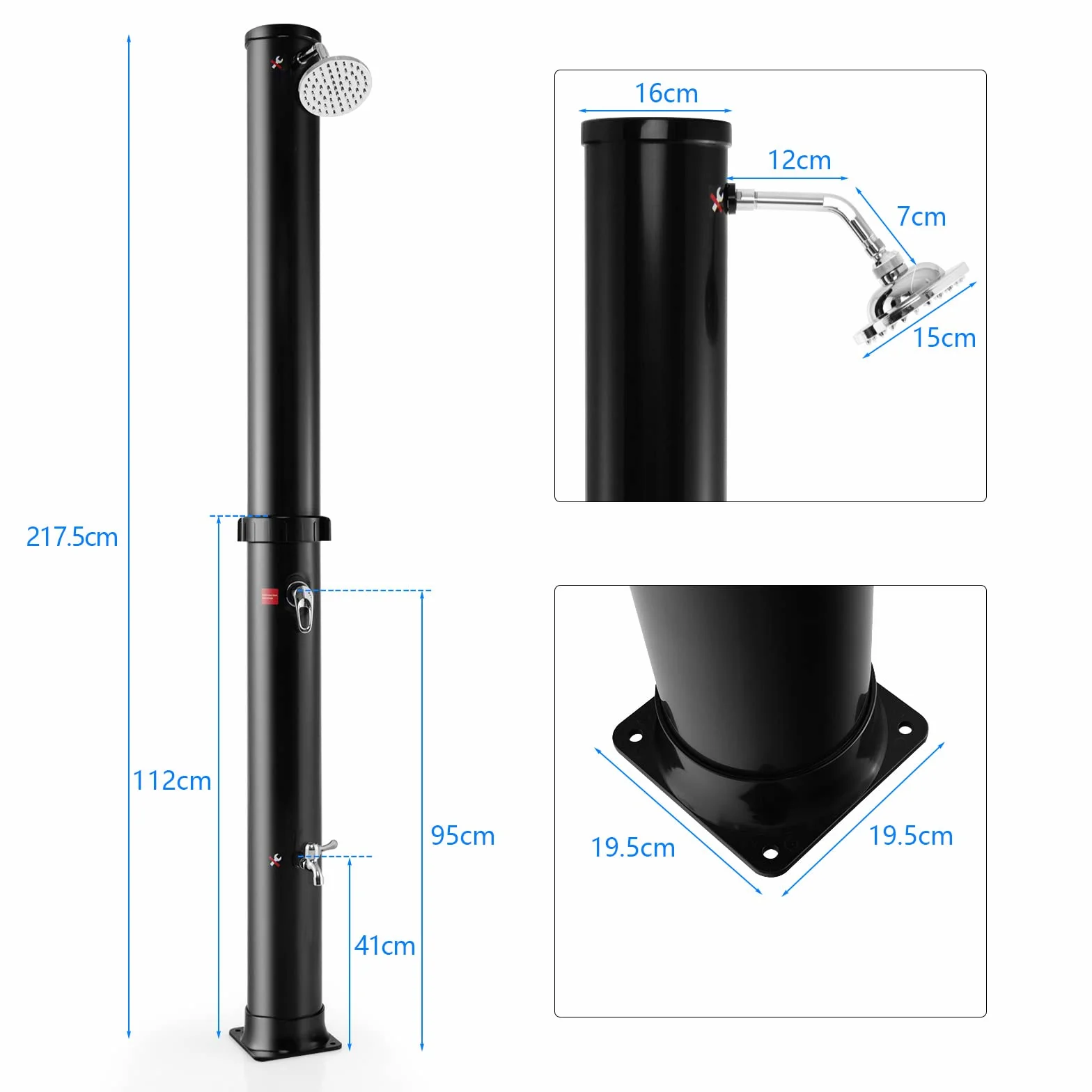 COSTWAY Prysznic solarny 38 l | 217,5 cm | do 60°C | prysznic ogrodowy z obrotową głowicą prysznicową i prysznicem nożnym | w zestawie przyłącze węża ogrodowego | prysznic zewnętrzny do basenu, na
