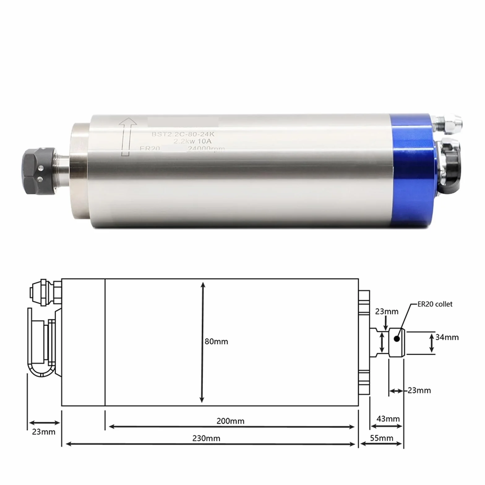 2.2KW ER20 80mm Wrzeciono Chłodzone Wodą CNC Grawerowanie Frezarka Ploter 4 Sztuk Łożyska Wysoce Zoptymalizowany(Steel Ball Bearing)