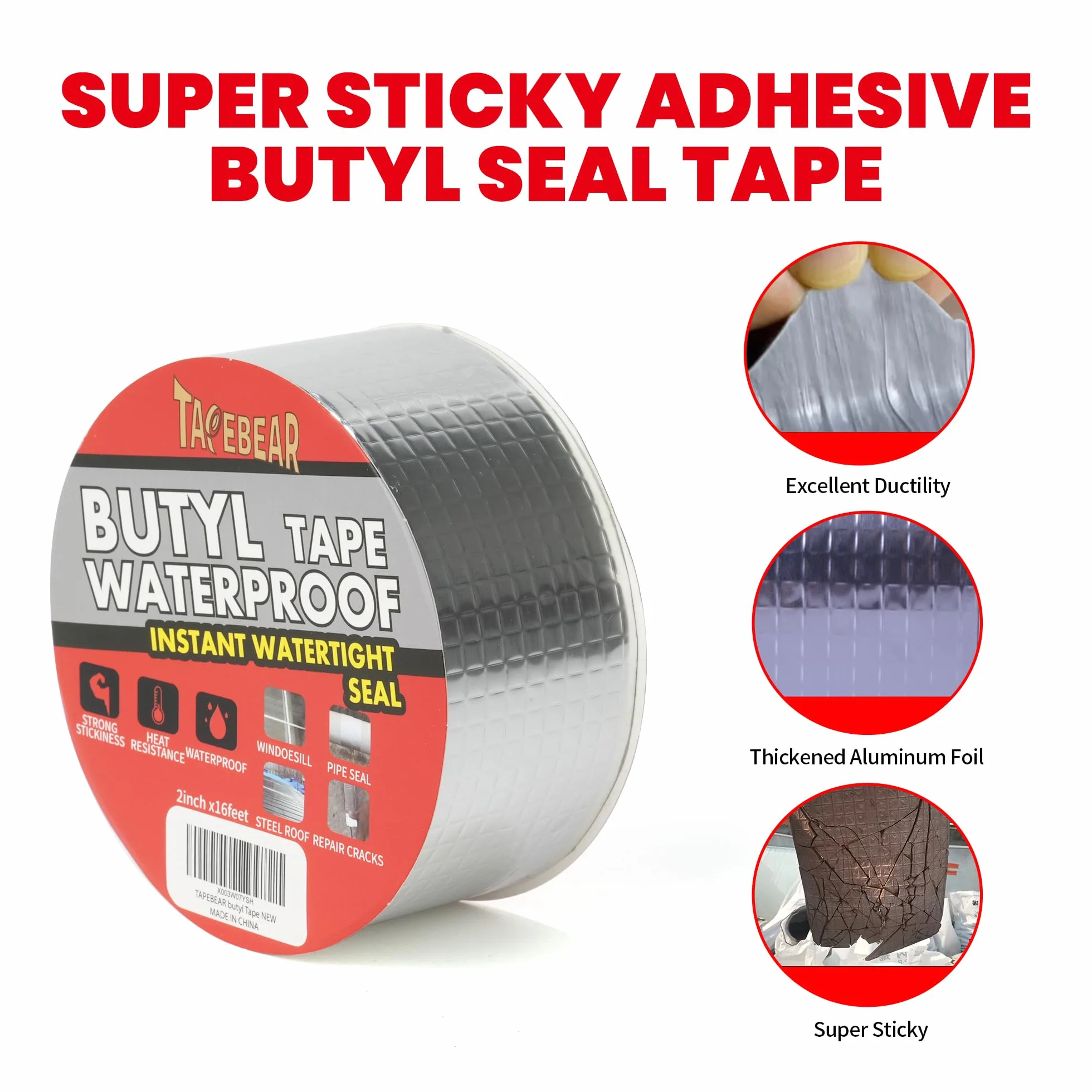 TAPEBEAR 30 rolek wodoodpornej taśmy butylowej 50 mm x 5 m, wodoszczelna, mocna, samoprzylepna taśma uszczelniająca, srebrna aluminiowa taśma klejąca do naprawy przecieków dachu, pęknięć powierzchni,