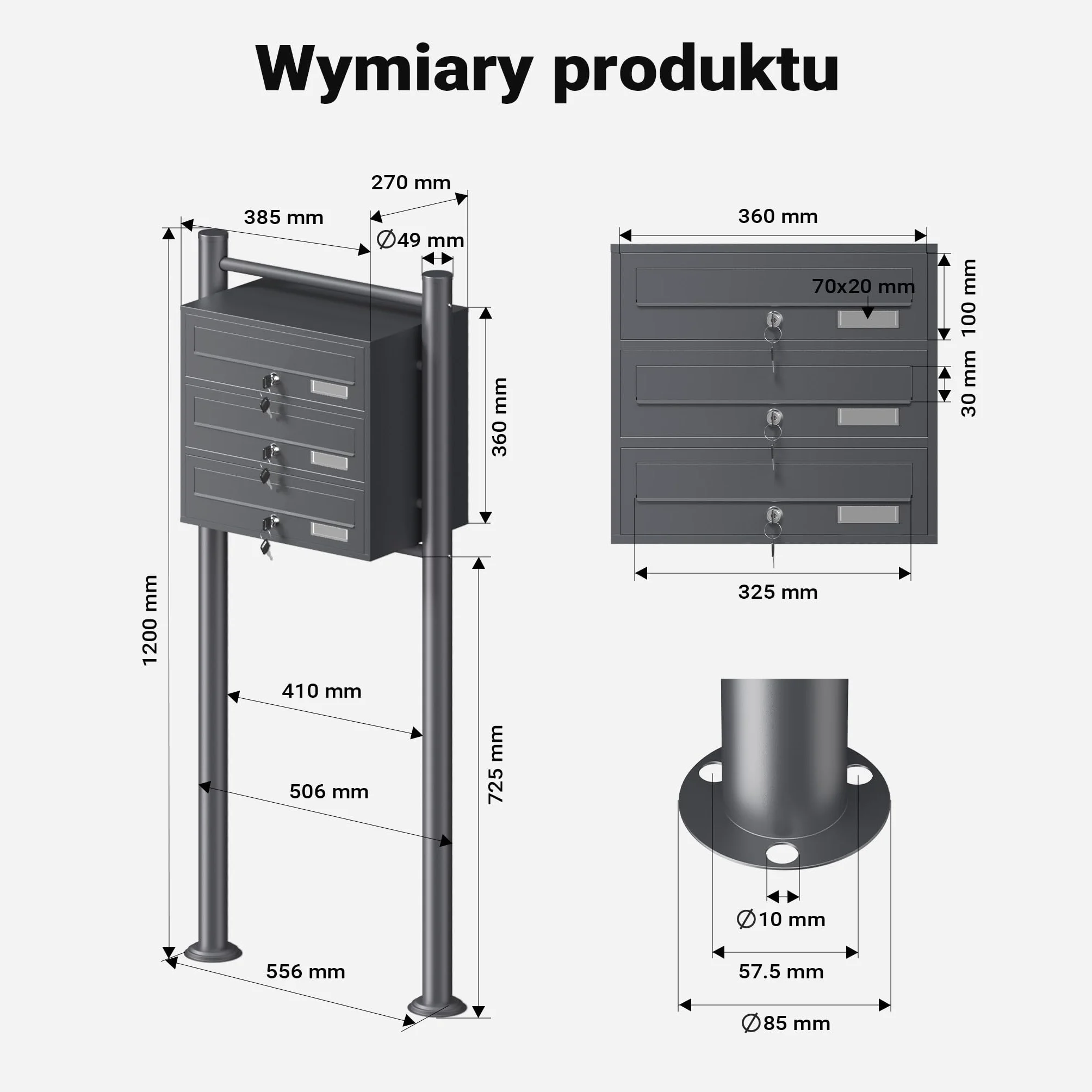 Wiltec Wolnostojąca potrójna skrzynka na listy antracytowa, stalowa z 3 skrzynkami pocztowymi zamykana na klucz, stojąca do montażu podłogowego