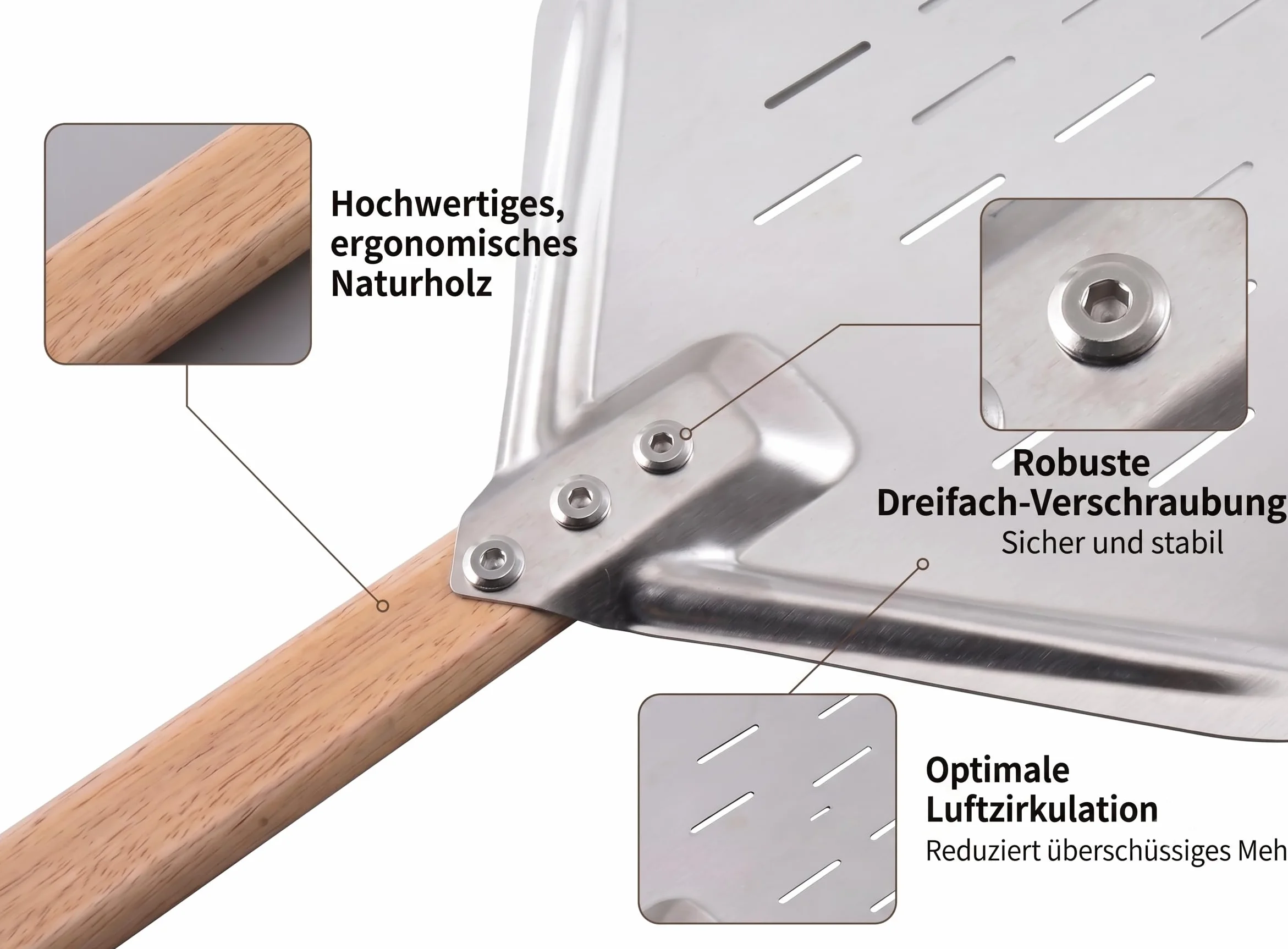 Łopatka do pizzy perforowana aluminiowa 39,5 x 30 x 2 cm ze zdejmowanym drewnianym uchwytem