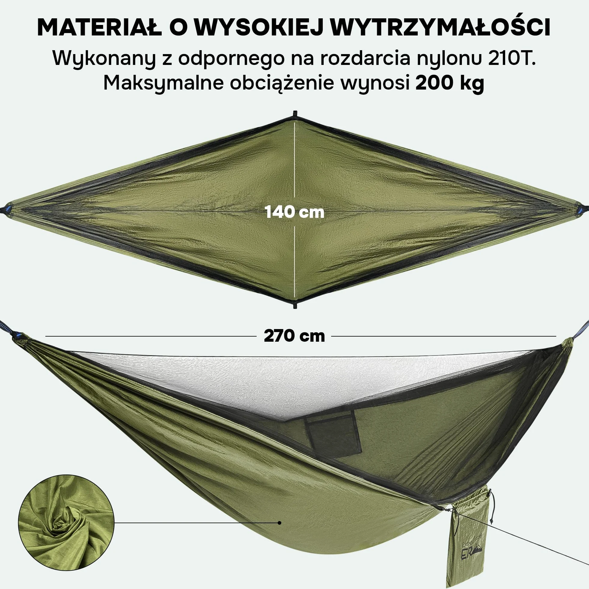 Hamak Kempingowy Z Moskitierą Ultralekki Nylon Spadochronowy Podróżny (Zielony)