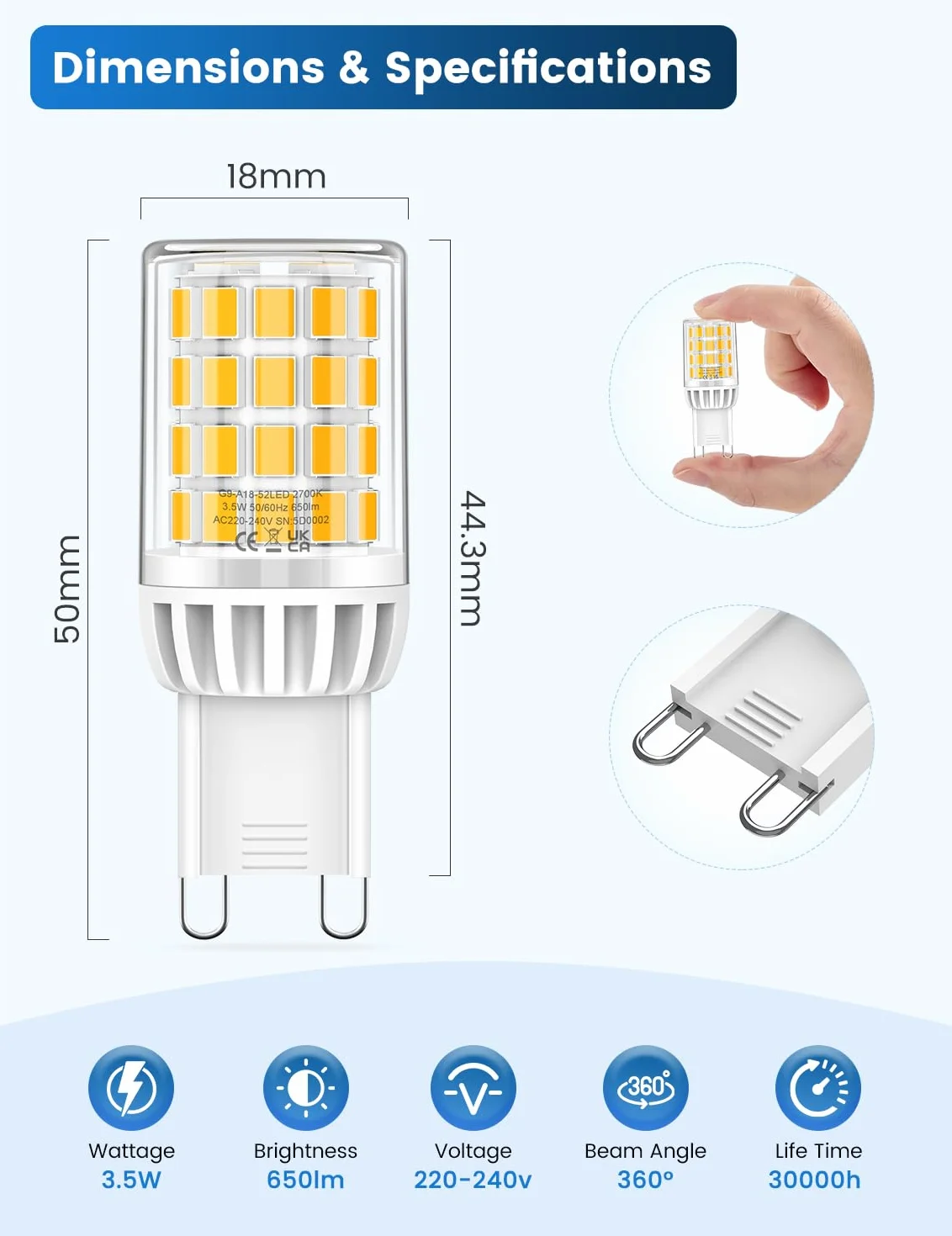 Żarówka LED G9 ciepła biel, 3,5 W 650 LM Efektywność energetyczna klasy B, odpowiednik halogenu 50W, żarówka G9 Efektywność energetyczna, bez migotania, nie ściemnialna, zestaw 3 szt