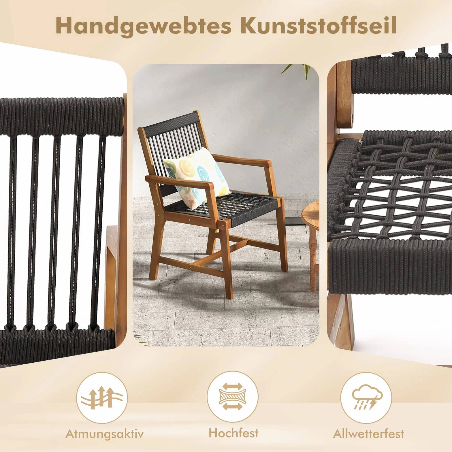 COSTWAY Krzesła ogrodowe zestaw 2 sztuk z drewna akacjowego i plecionki linowej nośność 160 kg