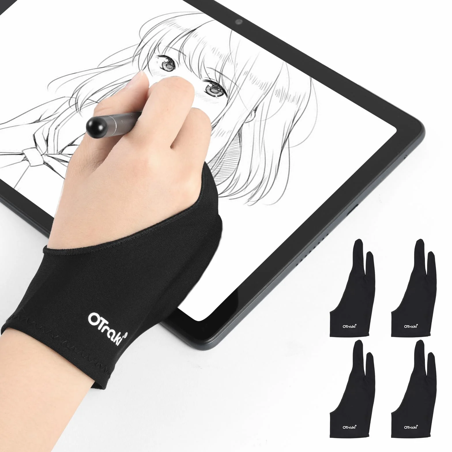 OTraki 4 sztuki Rękawica do rysowania Rękawica przeciwporostowa Idealna do tabletu graficznego Rysunek Rękawiczki Oddychające rękawiczki Artystyczne Dwa palce Rysowanie Leworęczne i Praworęczne