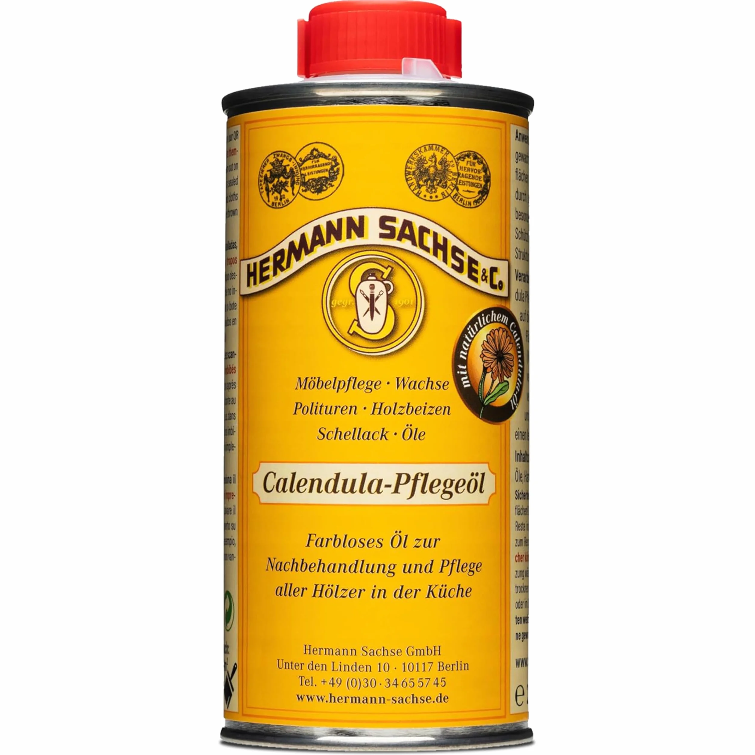 Hermann Sachse Calendula Pflegeöl - 250ml - Veganes farbloses Holzöl für Holzflächen - Holzpflegeöl für Küchenutensilien, Küchenmöbel - Made in Germany
