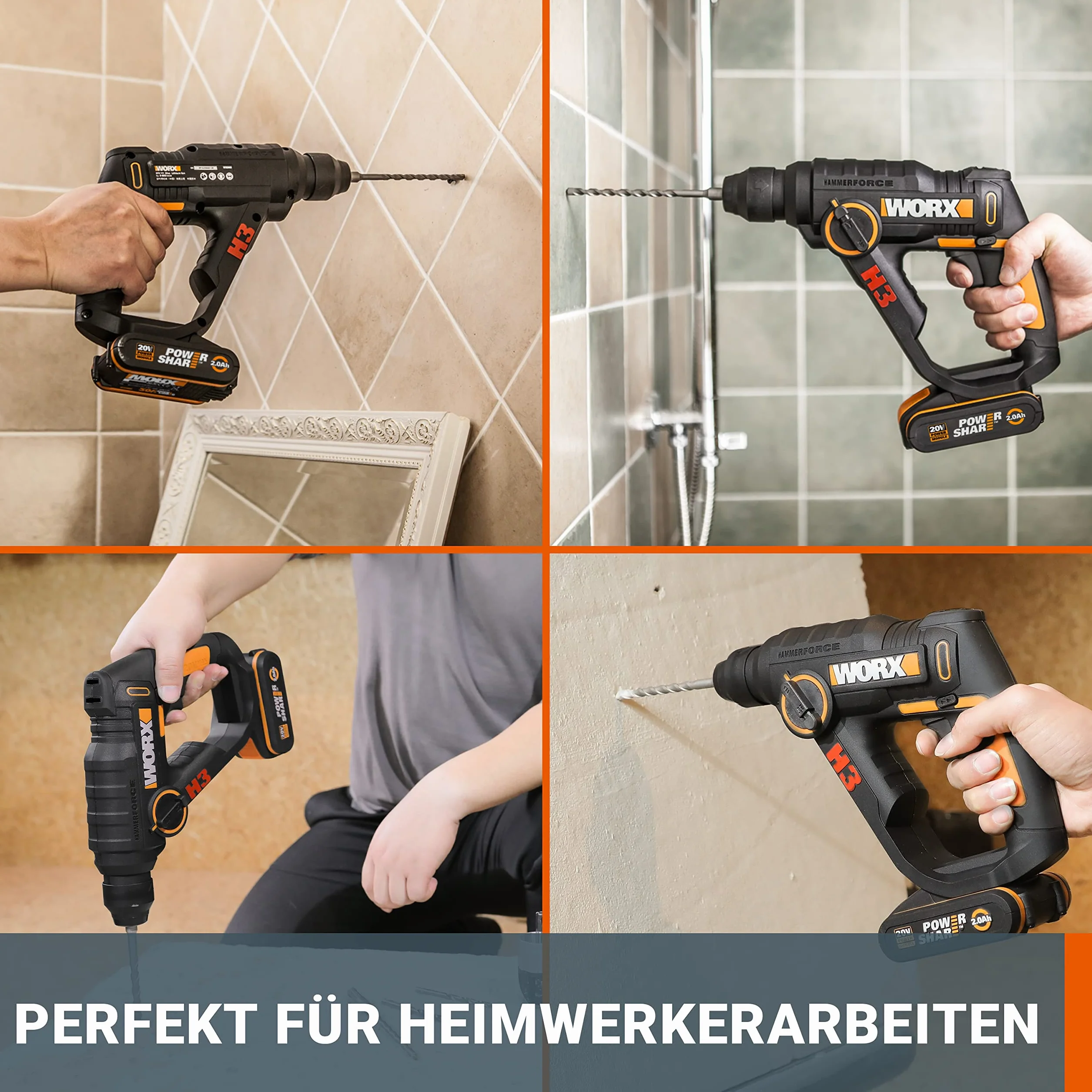 WORX WX390 SDS-plus młot udarowo-obrotowy – 20 V wiertarka z pneumatycznym mechanizmem młotkowym do wkręcania, wiercenia i młotkowania – energia uderzenia 1,2 J – z akumulatorem litowo-jonowym 2,0 Ah,