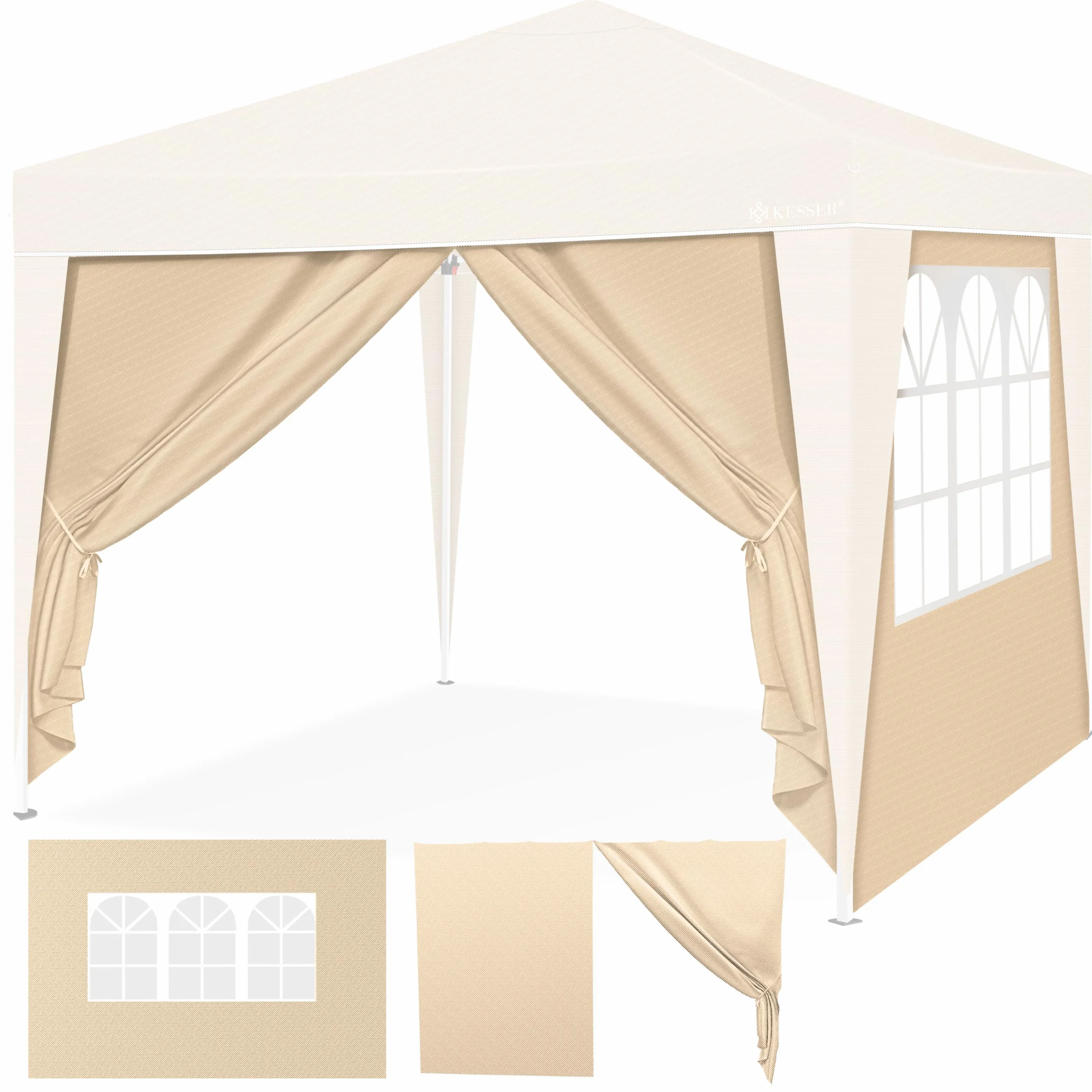KESSER® 2X Panel boczny do pawilonu 3x3m - Pop Up | składany | oszczędzający miejsce | chowany| z zamkiem błyskawicznym| okno boczne Przezroczysty| Odporny na warunki atmosferyczne - Beżowy