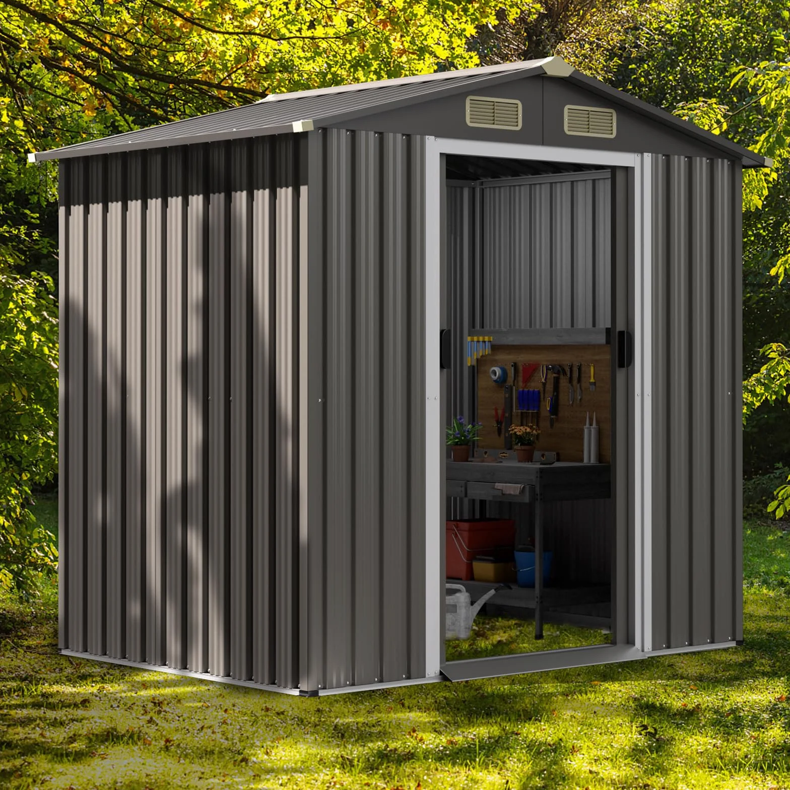 GOPLUS Metalowy domek na narzędzia 196 x 142 x 186 cm 3,68 m³ z zamykanymi drzwiami przesuwnymi szopa ogrodowa