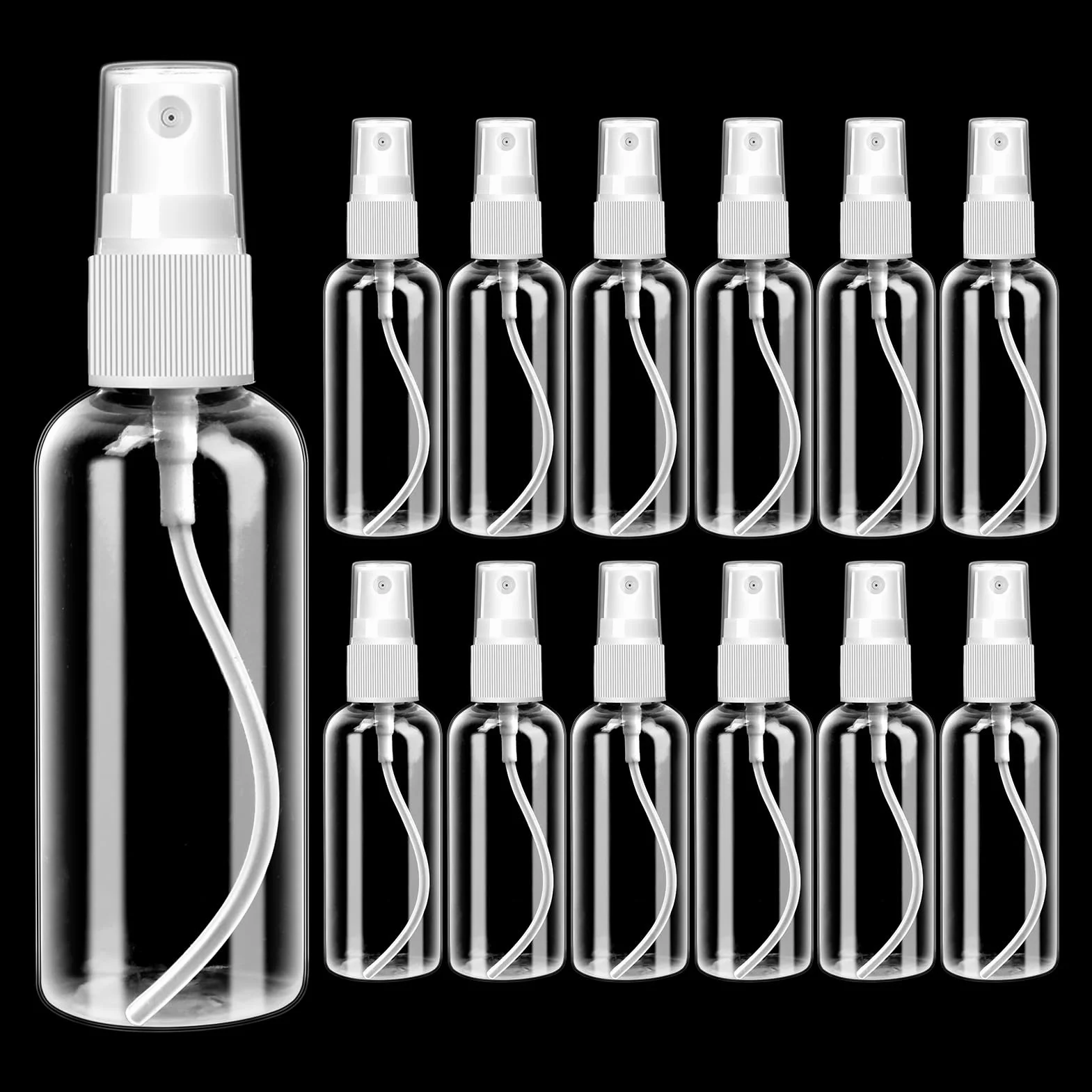 12 sztuk butelek z rozpylaczem, małe, 50 ml, puste butelki z rozpylaczem do perfum, rozpylacz, przezroczyste, tworzywo sztuczne, rozpylacz do płynnych kosmetyków, wody, alkoholu, 12 sztuk