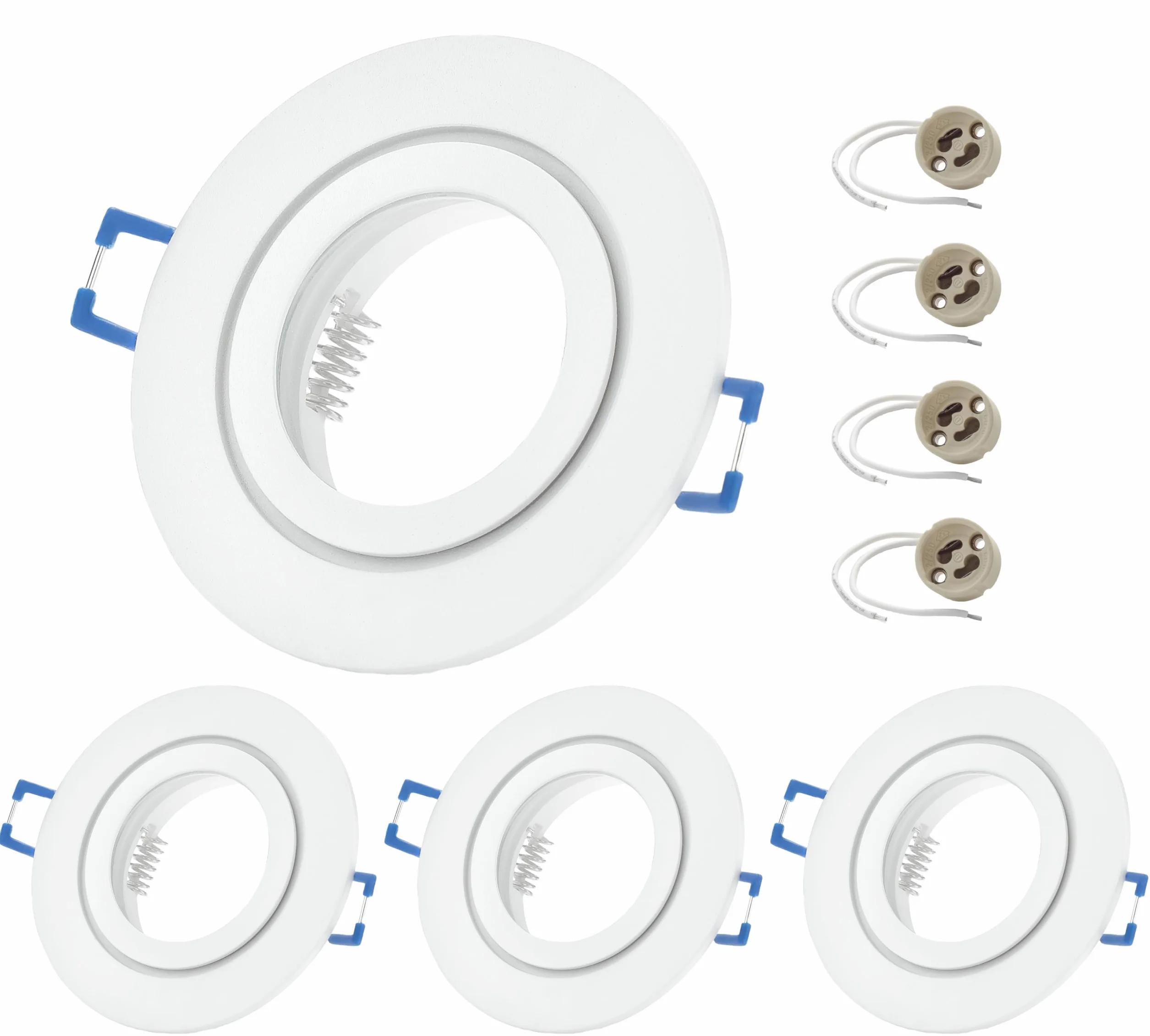 Słodkie Led 4x Ramki do Montażu w zestawie z Gniazdem GU10 230V IP44 Ramki do Wbudowanych Lamp Aluminiowe Spoty do Montażu w Łazience, Oświetlenie Meblowe, Spot Downlight - Okrągłe, Białe