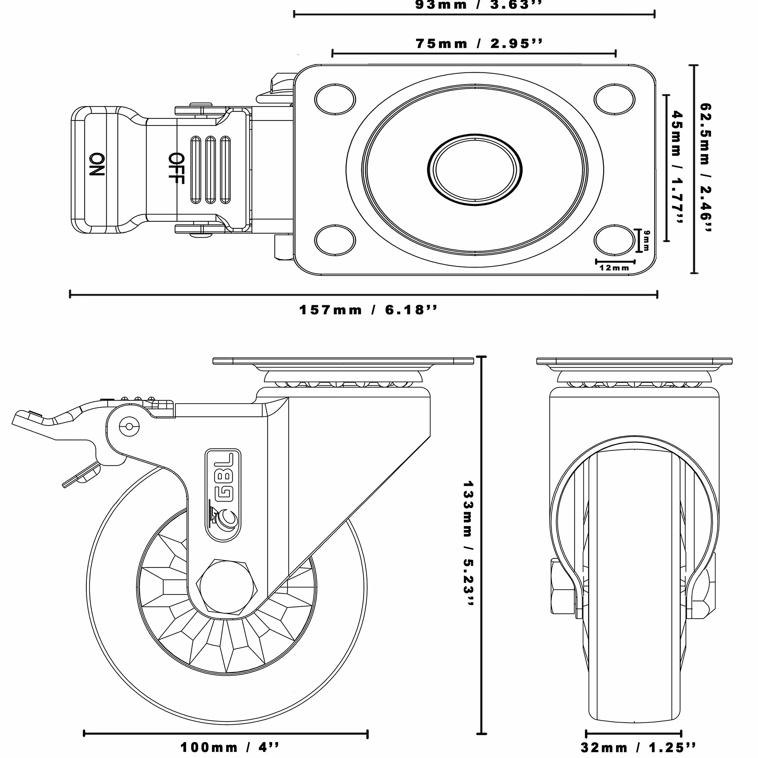 GBL Wytrzymałe kółka samonastawne z 2 hamulcami + śrubami, 100 mm do 600 kg, zestaw 4 sztuk, bez śladów, ciche kółka do mebli, gumowe kółka do wózków, srebrne kółka