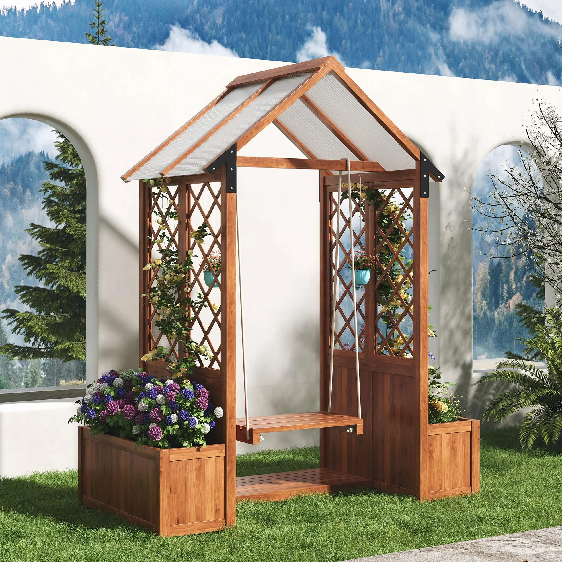 Pergola ze skrzynką na kwiaty i huśtawką, drewniana kratka na rośliny, skrzynka na rośliny, kratka dla roślin pnących