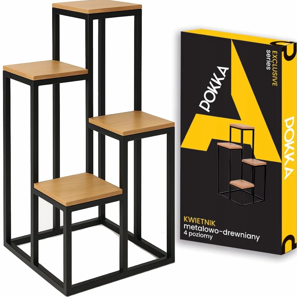 POKKA Kwietnik Stojący Metalowy, Stal Malowana Proszkowo z MDF, Czarny/Dąb, 4-Poziomowy, 69,5 x 34 x 34 cm, Obciążenie 15 kg na Półkę