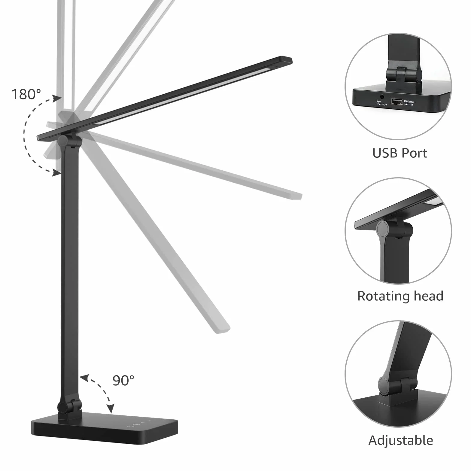 Lepro Lampa biurkowa z portem USB 655 lm, lampa biurkowa 15 W z adapterem, 3 tryby kolorów i 5 poziomów jasności, możliwość ściemniania, antyodblaskowa, do czytania, manikiurzystki, czarna