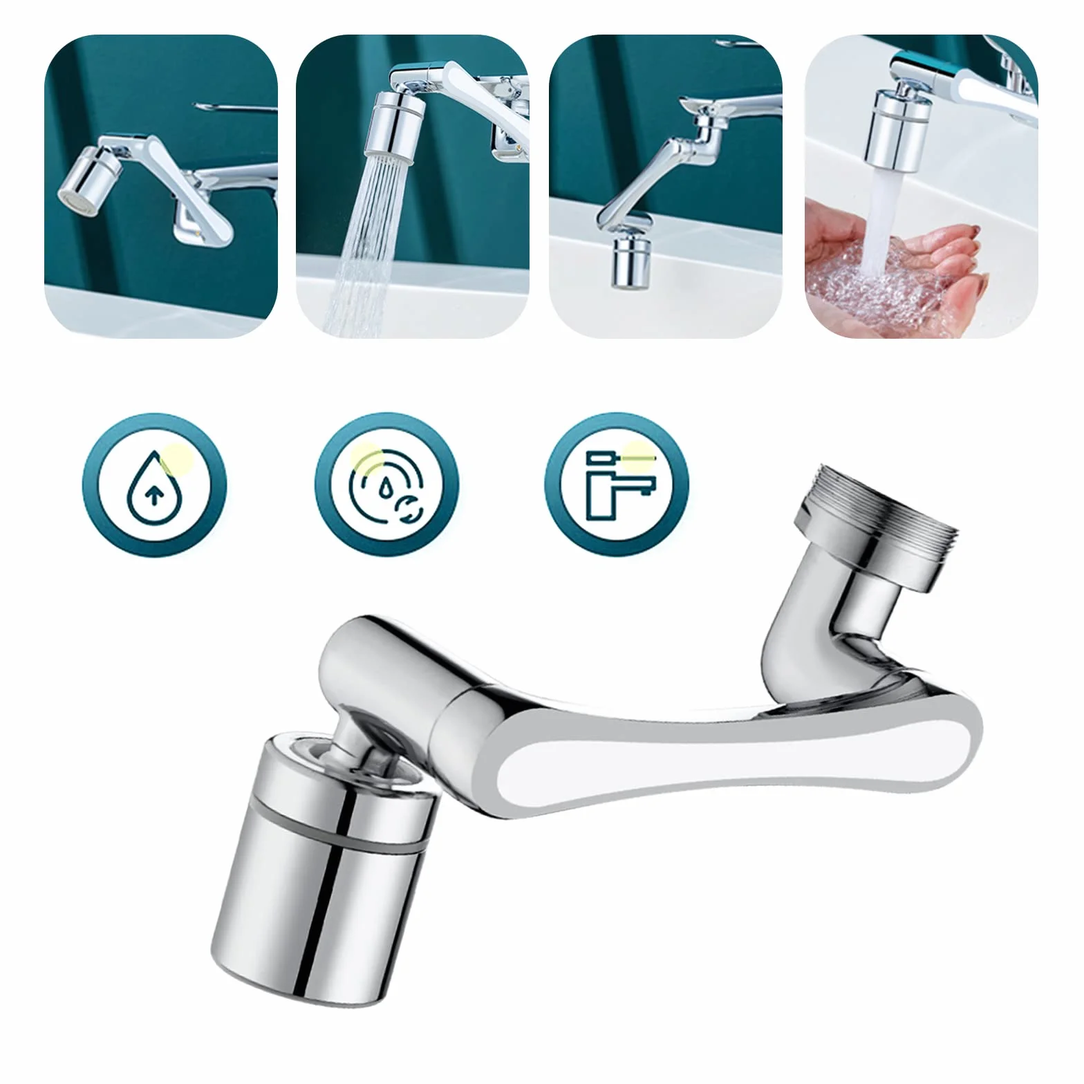 Bateria obrotowa 1080° + 360° z gwintem wewnętrznym 22 mm i gwintem zewnętrznym 24 mm, uniwersalny srebrny aerator z bateriami do kuchni / łazienki