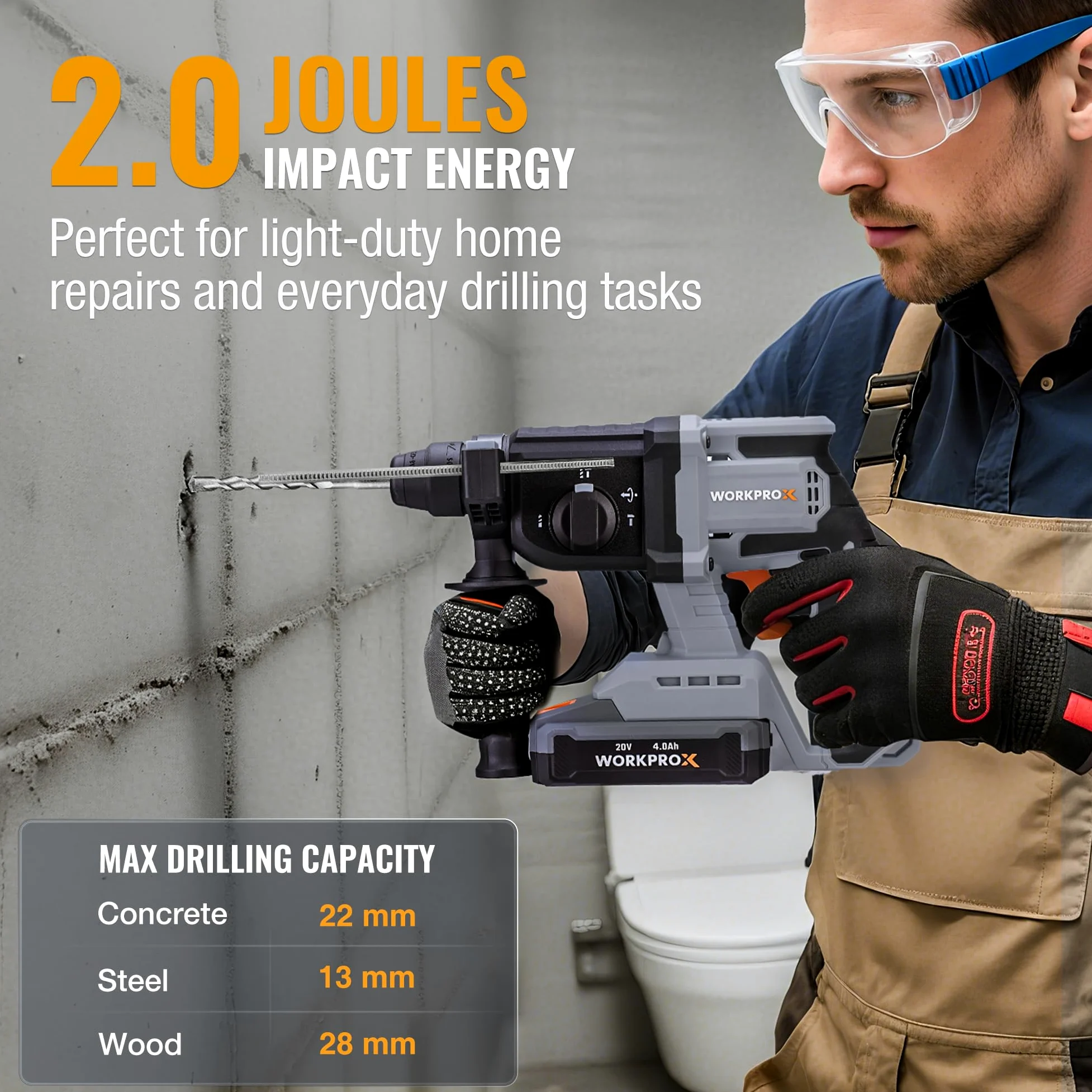 WORKPRO Bezprzewodowy młotek udarowy X 20V | Wiertarka udarowa SDS-Plus, 4 wszechstronne funkcje do wiercenia i dłutowania