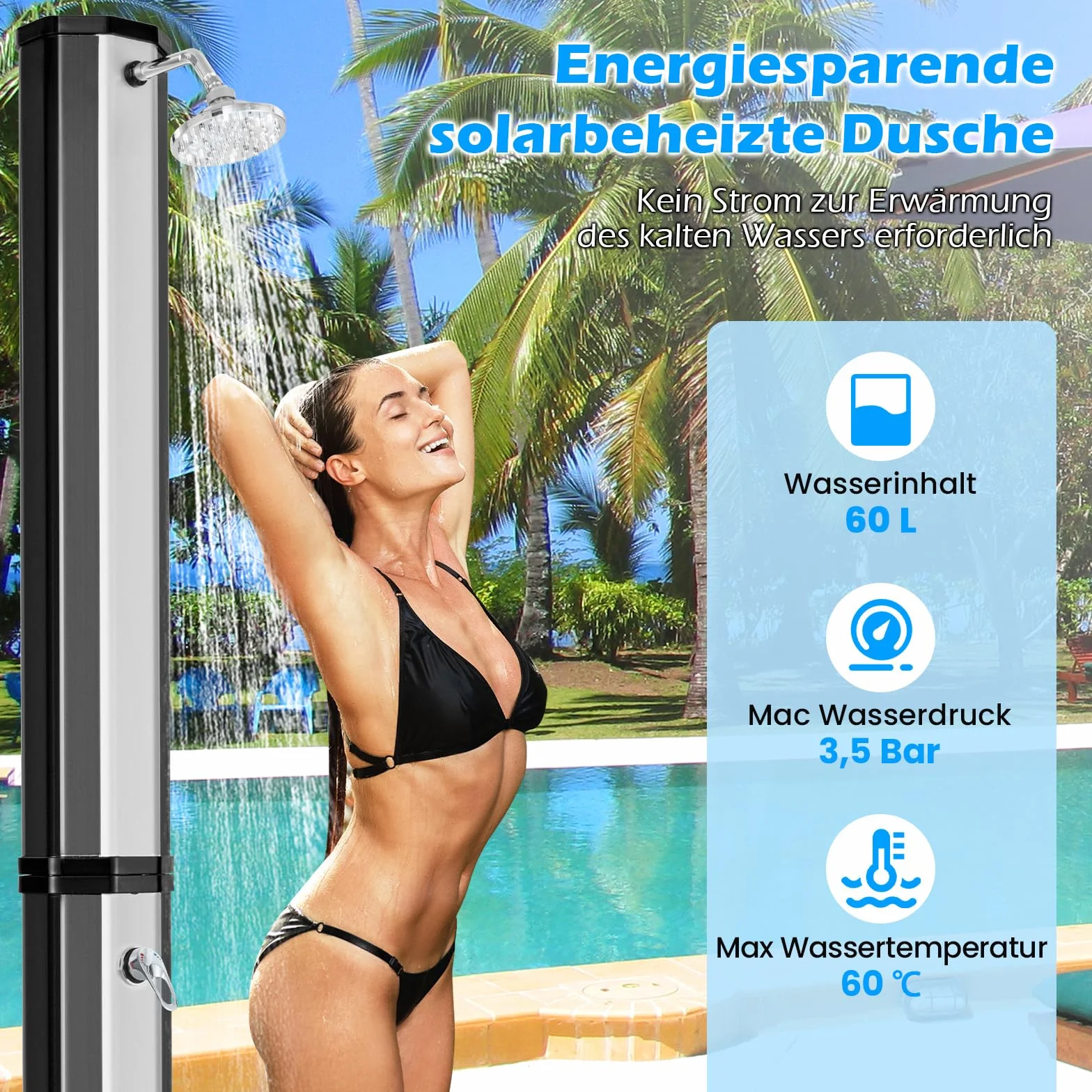 COSTWAY Prysznic solarny 60 l, ogrodowy z pokrowcem ochronnym 227 cm do 60°C