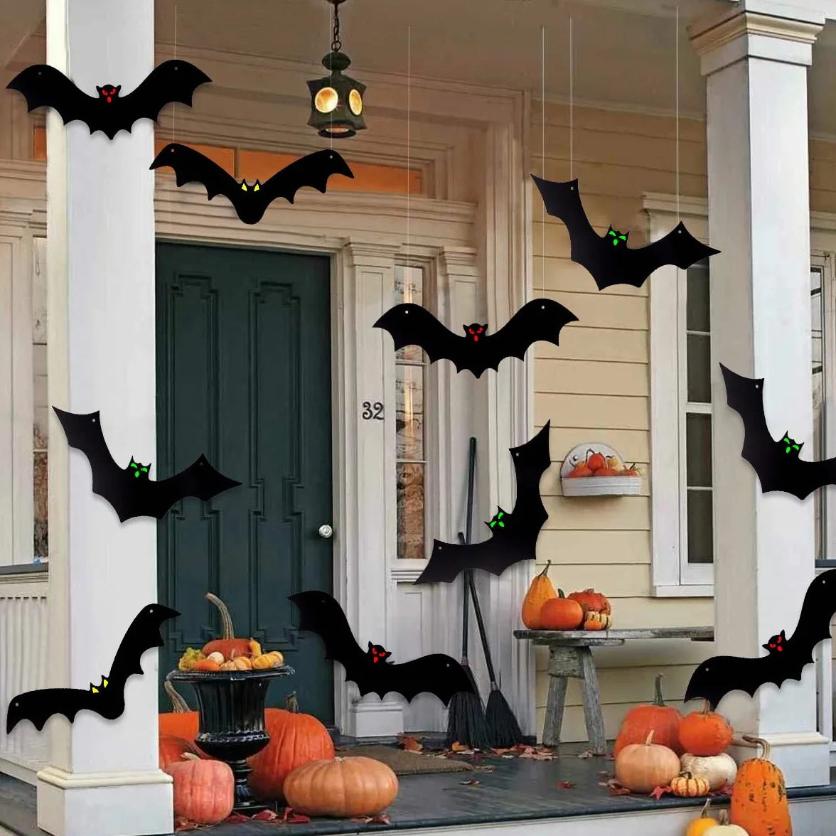 DTYDECLE 12 szt. wiszących nietoperzy na Halloween, latający nietoperz, wiszące dekoracje ze świecącymi oczami na Halloween, dekoracja na zewnątrz, podwórko, artykuły dekoracyjne