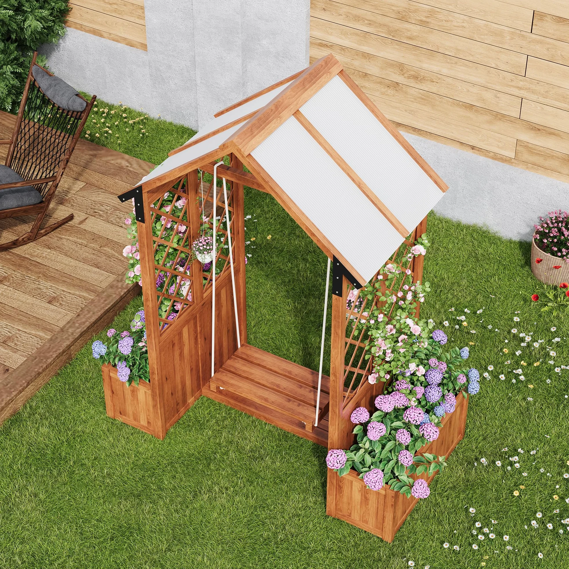 Pergola ze skrzynką na kwiaty i huśtawką, drewniana kratka na rośliny, skrzynka na rośliny, kratka dla roślin pnących