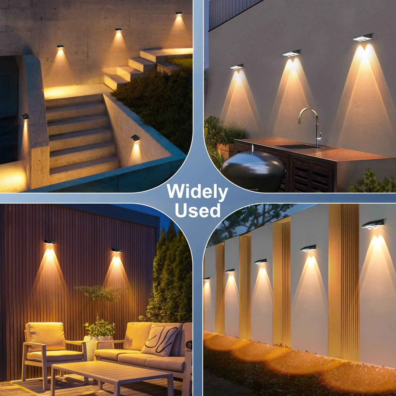 Zewnętrzna solarna lampa ścienna Quntis Zestaw 4, wodoodporna zewnętrzna lampa słoneczna IP64 z 11 trybami, ciepła biel i chłodna biel oraz wielokolorowa zewnętrzna solarna lampa ścienna do ogrodu