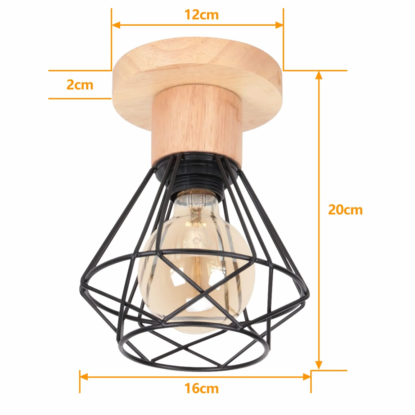iDEGU Zestaw 2 lamp sufitowych przemysłowych, 16 cm Vintage E27 Retro żyrandol wisząca z żelaza i drewna Klatka Design Czarna lampa sufitowa do wejścia do przedpokoju sypialni kuchni