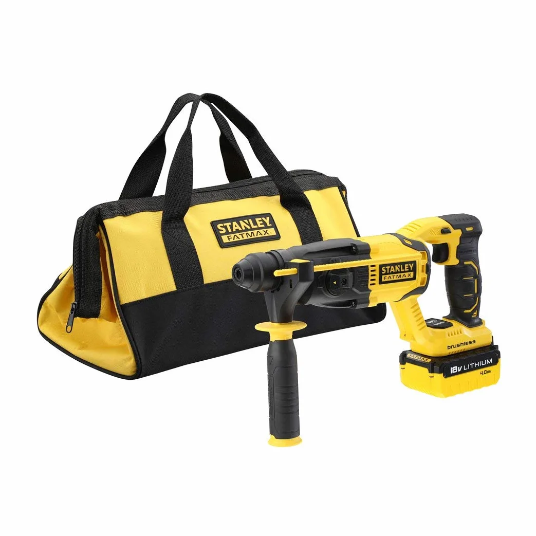 Stanley FATMAX Młotek udarowy SDS-Plus 18V BRUSHLESS z 1 baterią 4 Ah + 1 torbą 1,5J Prędkość 0-2,200 obr/min 5,775 ipm Wytrzymała i ergonomiczna seria FMCD900M1S-QW