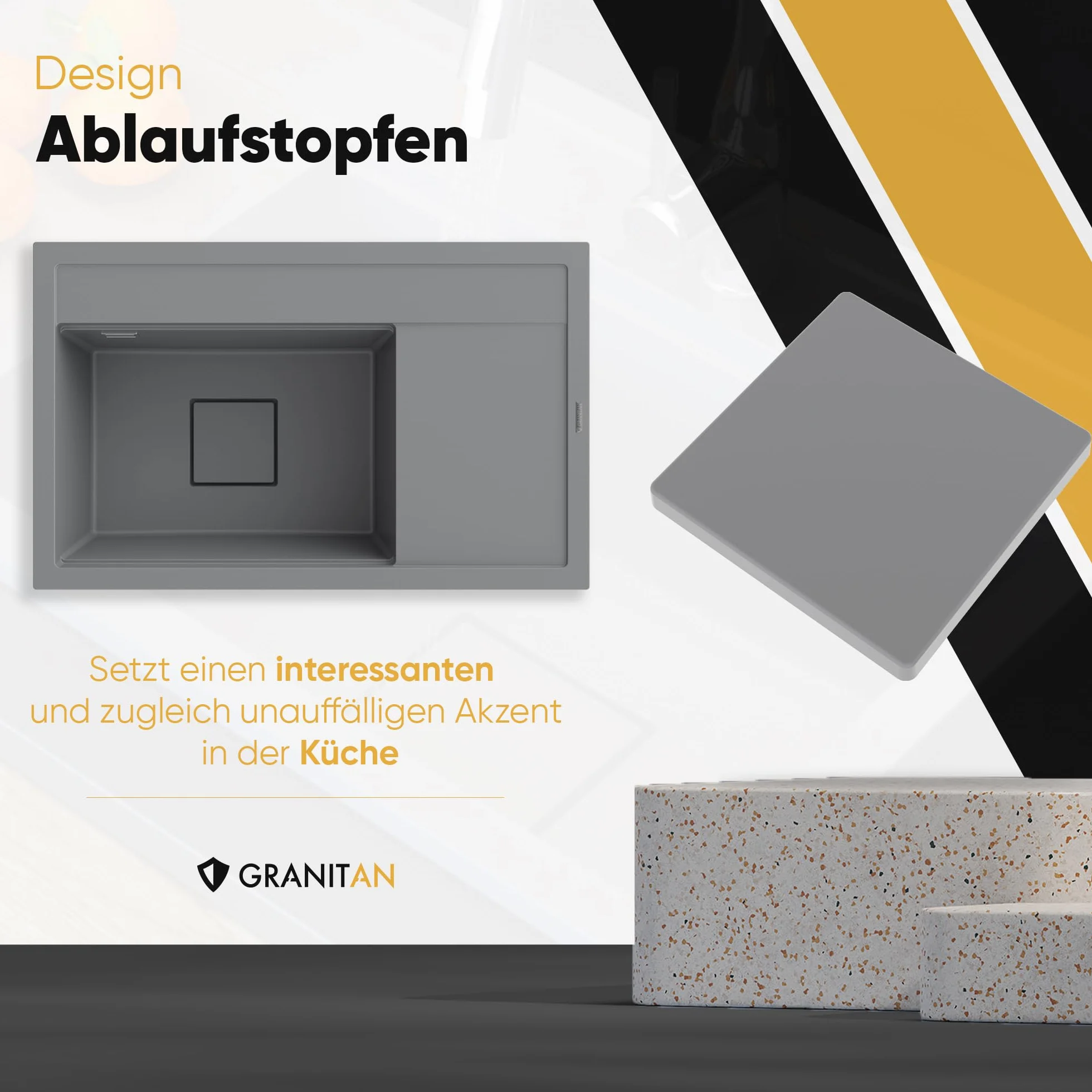 Granitan Zlewozmywak granitowy 81 x 50,5 x 22 cm - umywalka do kuchni z nowoczesnym korkiem spustowym - elegancki granitowy zlewozmywak z ociekaczem - zlewozmywak do zabudowy z syfonem - czarny