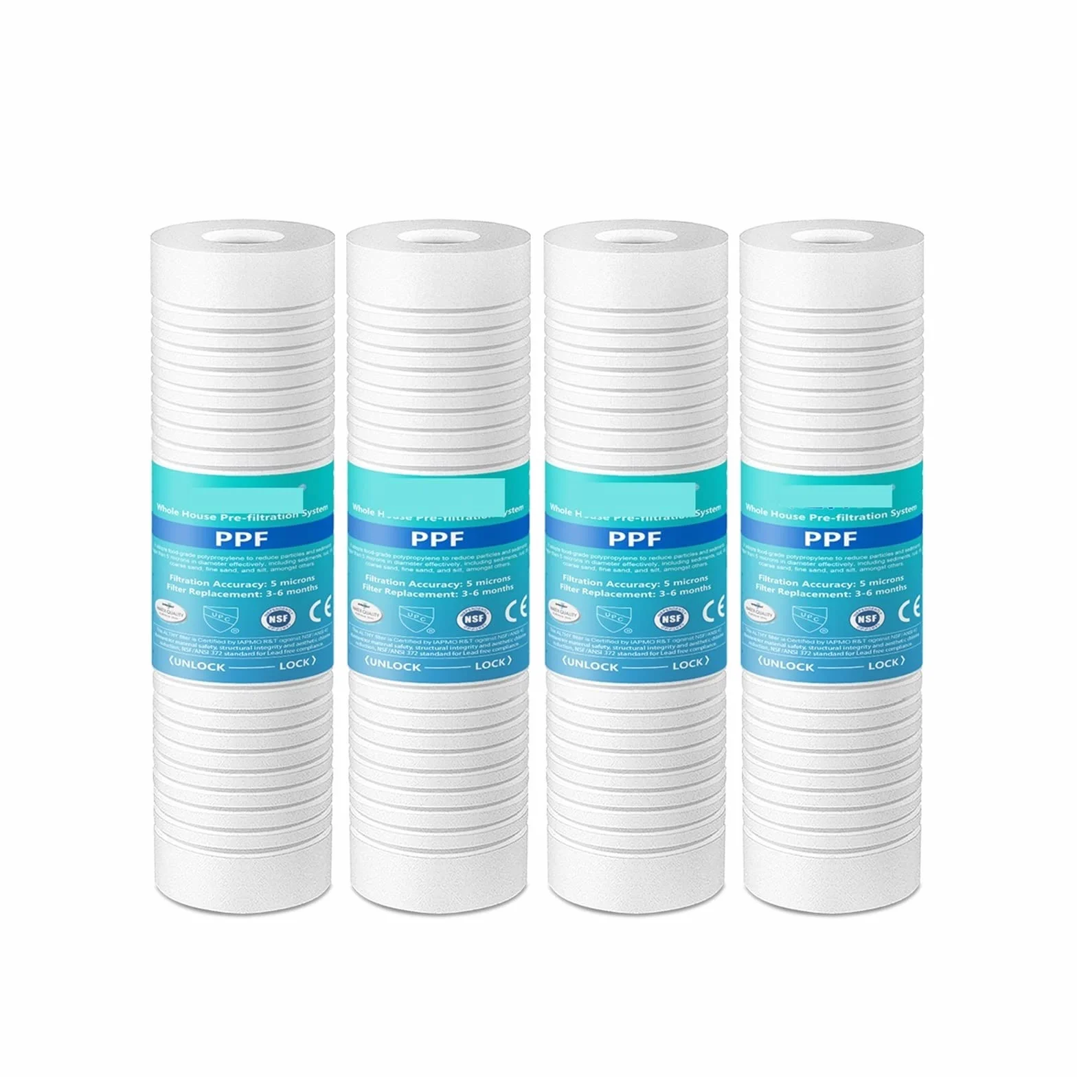 5 mikronów System filtrowania wody osadowej w całym domu Oczyszczacz wstępny, 10-calowy filtr wstępny PPFbawełna Bezpieczne materiały(4x Replace Filter)