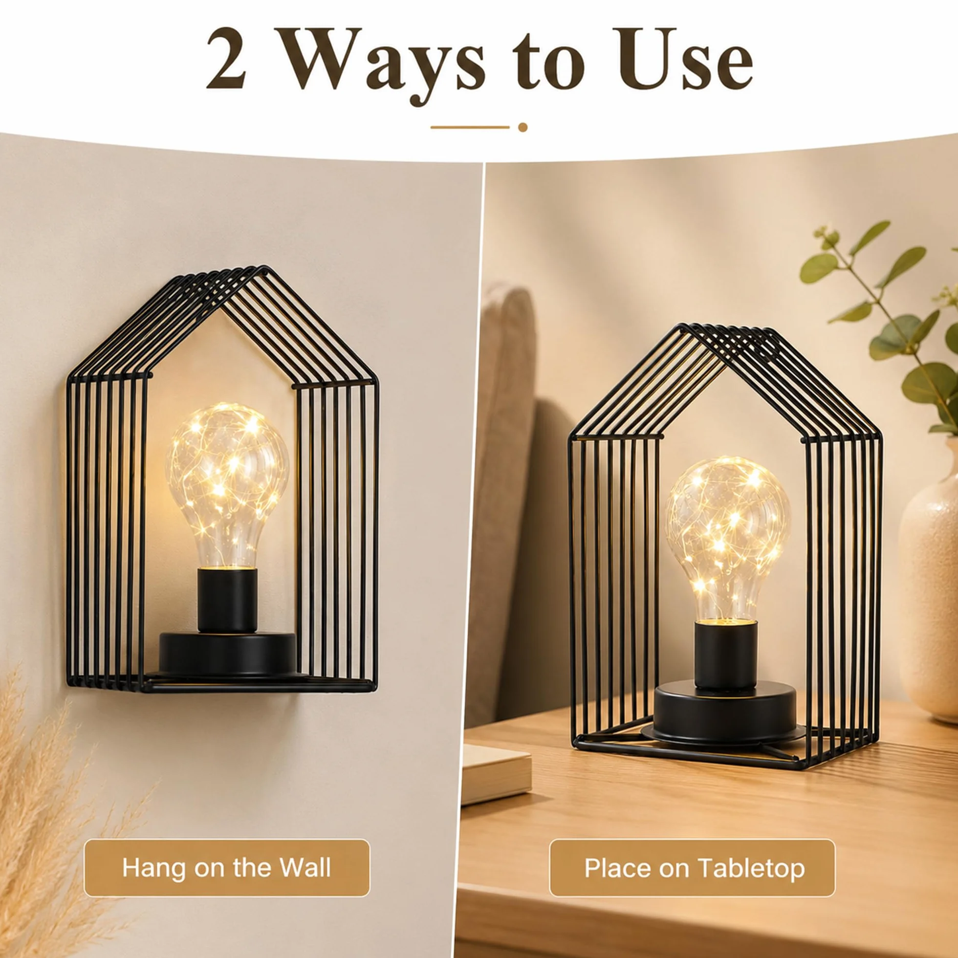 JHY DESIGN Zestaw 2 lamp na baterie 18 cm wys. vintage kinkiet metalowa klatka wisząca bezprzewodowa lampa ścienna z 6-godzinnym timerem