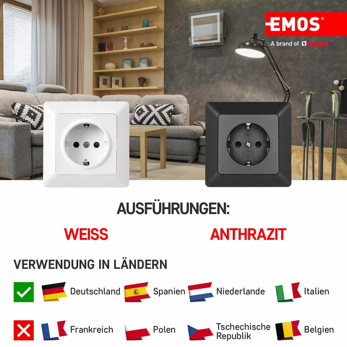 EMOS Gniazdo wtykowe z zestykiem ochronnym z podwyższoną ochroną przed dotykiem i bocznym stykiem ochronnym do montażu podtynkowego, pojedyncze gniazdko z wejściem wewnętrznym, maks. 250 V~/16 A,