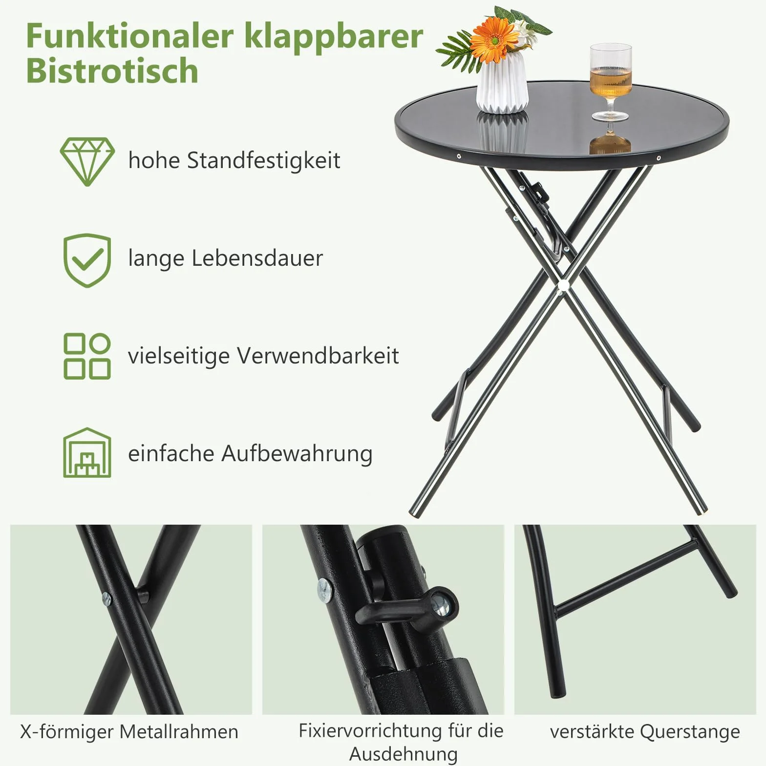 GOPLUS Stolik pomocniczy, okrągły, Ø 59 cm, stół ogrodowy, składany z metalu i szkła hartowanego, balkonowy, odporny na warunki atmosferyczne, stolik bistro, kawowy