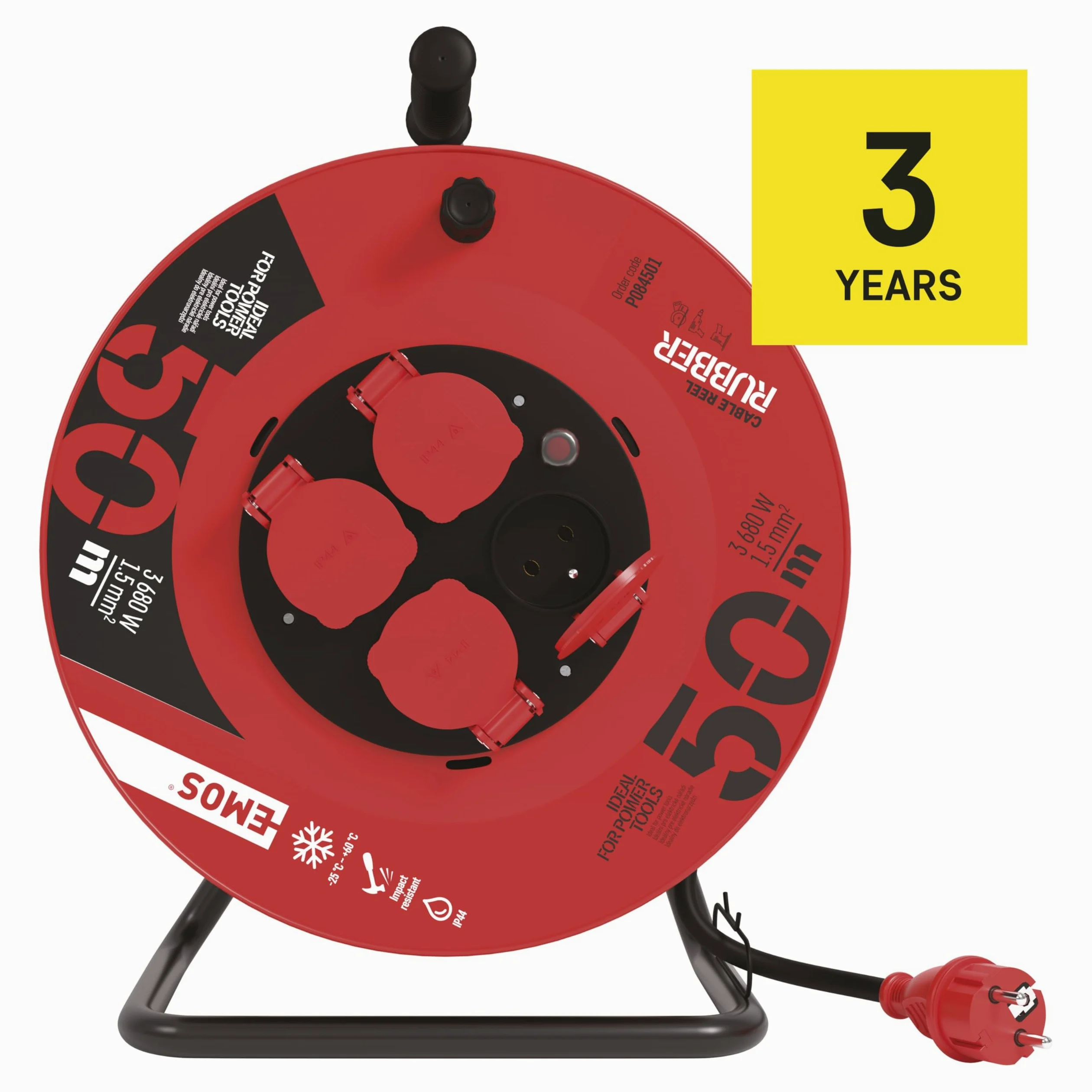 EMOS Przedłużacz bębnowy 50 m, 4 gniazda, IP44, wodoodporny i odporny na temperatury, 230 V 16 A 3680 W, H05RR-F3G 1,5 mm², zewnętrzny