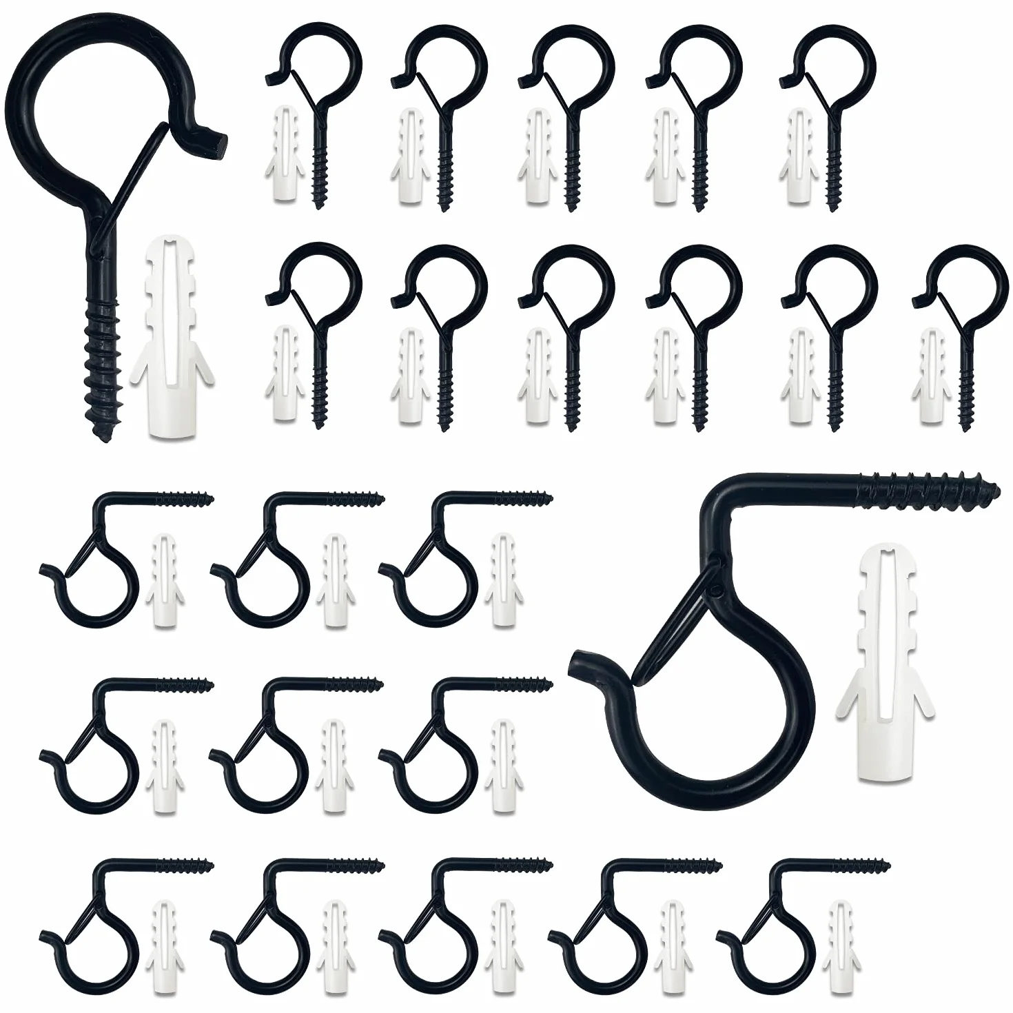 24 sztuki haki śrubowe do wieszania Q, klamra bezpieczeństwa, haczyki do zawieszenia na ścianie, haczyki do wieszania świateł świątecznych z gumowym stoperem, odpowiednie do garażu, świateł LED, doniczek (12 prostych haczyków 12 zakrzywionych haczyków)