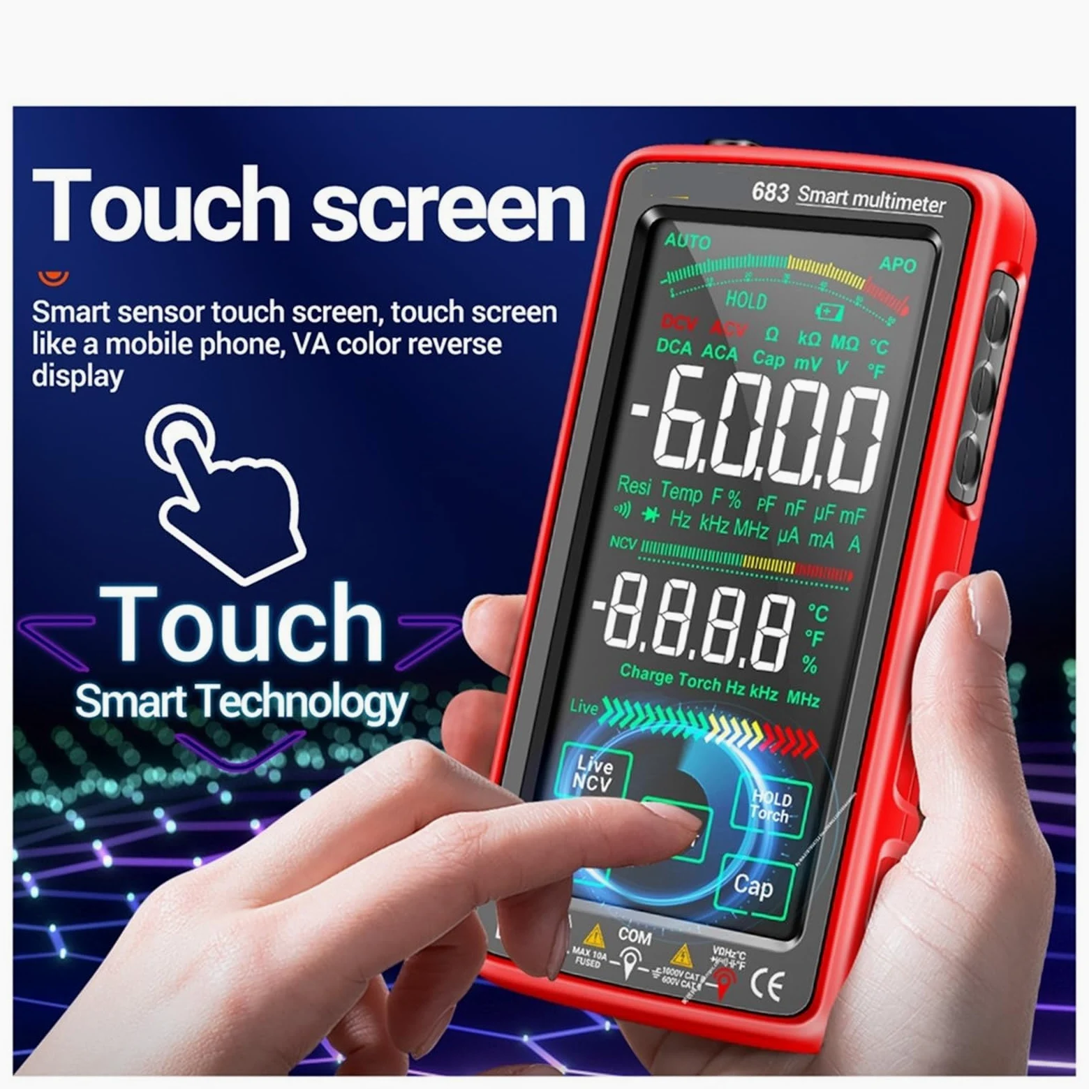 Wielu testerów 683 wysokiej klasy dotykowy inteligentny multimetr 6000 zliczeń Multimetro Test akumulatorowy multitester tester napięcia AC/DC aktualne narzędzie (Color : 683 Black)