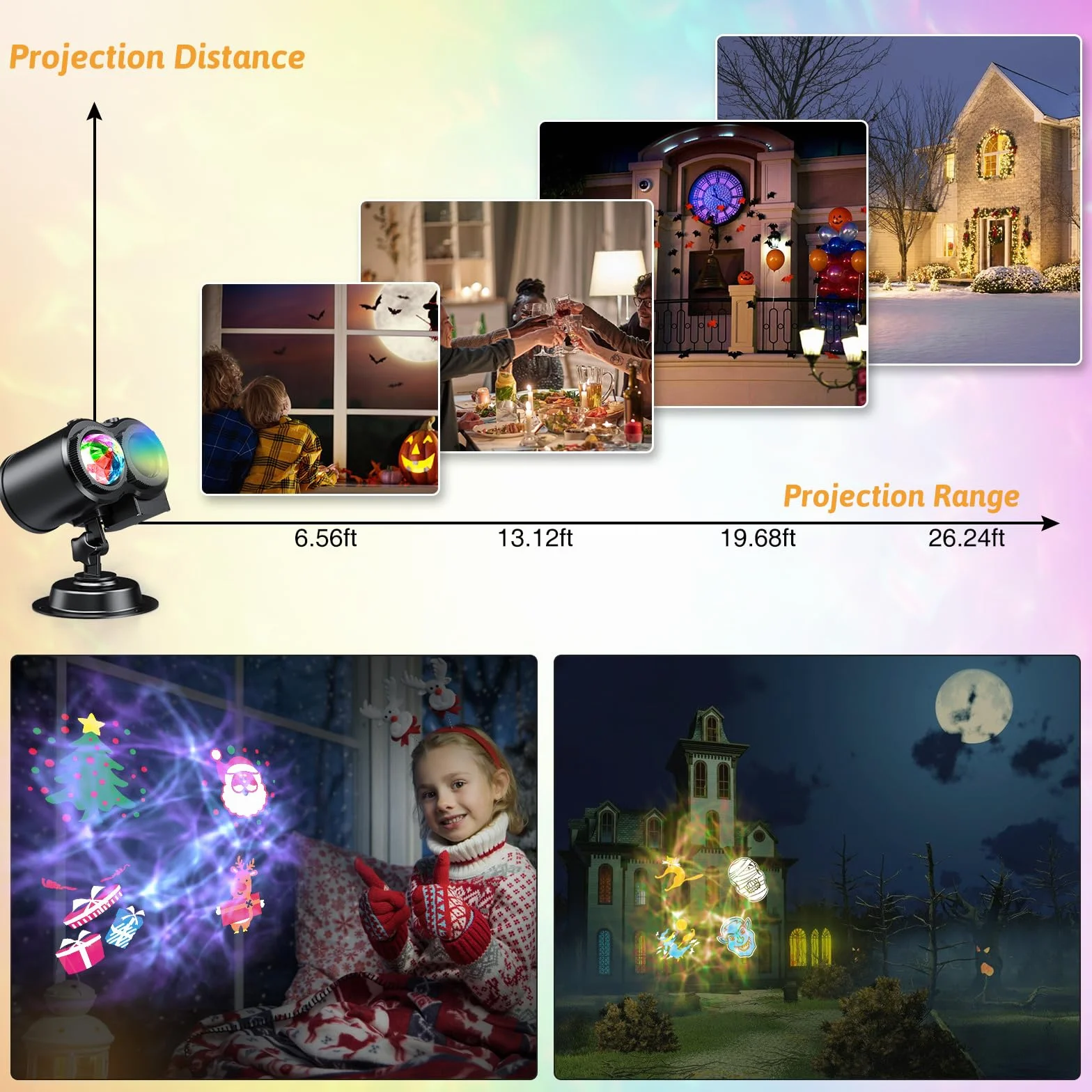 Zewnętrzny projektor bożonarodzeniowy YAZEKY Zewnętrzny projektor na Halloween z pilotem, 24 wzory i 10 kolorów, efekt fali wodnej, lampa projektorowa, dekoracja na imprezę, Boże Narodzenie