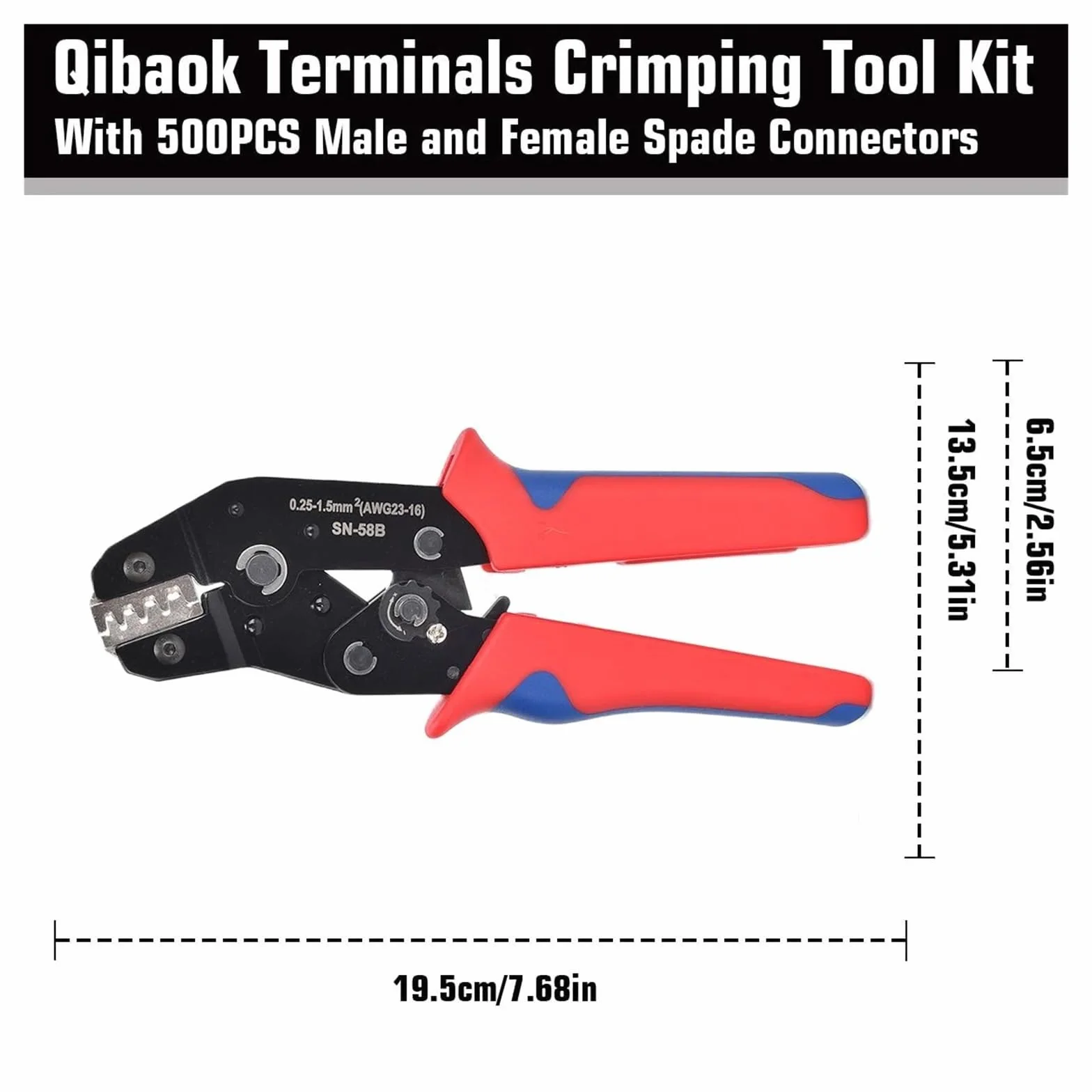 Wire Terminal Crimping Tools Kit,Ratcheting Crimp Plier 500 Female Male Spade Connectors&Bullet Terminals Set Hand Crimper(SN-58B)
