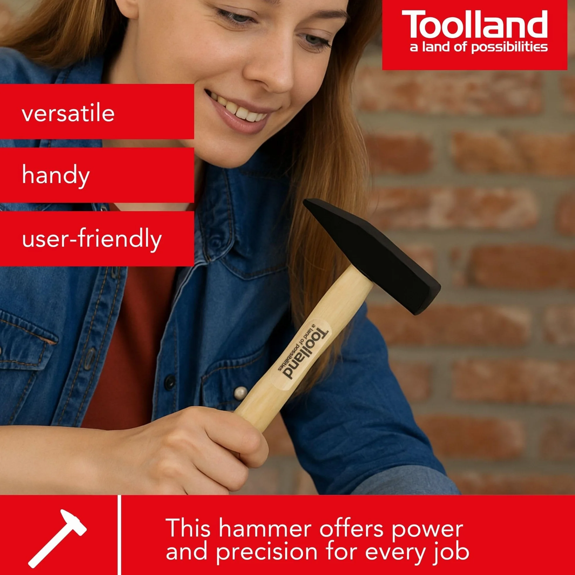 Toolland Młotek mechaniczny 300 g z głowicą stalową i drewnianym trzonkiem, idealny do precyzyjnych prac, stolarki, napraw i majsterkowania, wygodny chwyt i pełna kontrola