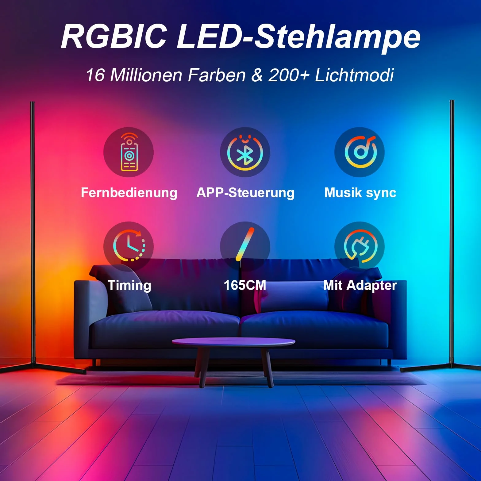 TRUMPETS Lampa stojąca LED do salonu, 165 cm, lampa narożna RGB, ściemniana, z pilotem zdalnego sterowania i aplikacją, 16 milionów kolorów, tryby muzyki, tryb DIY i funkcja timera do sypialni 2025