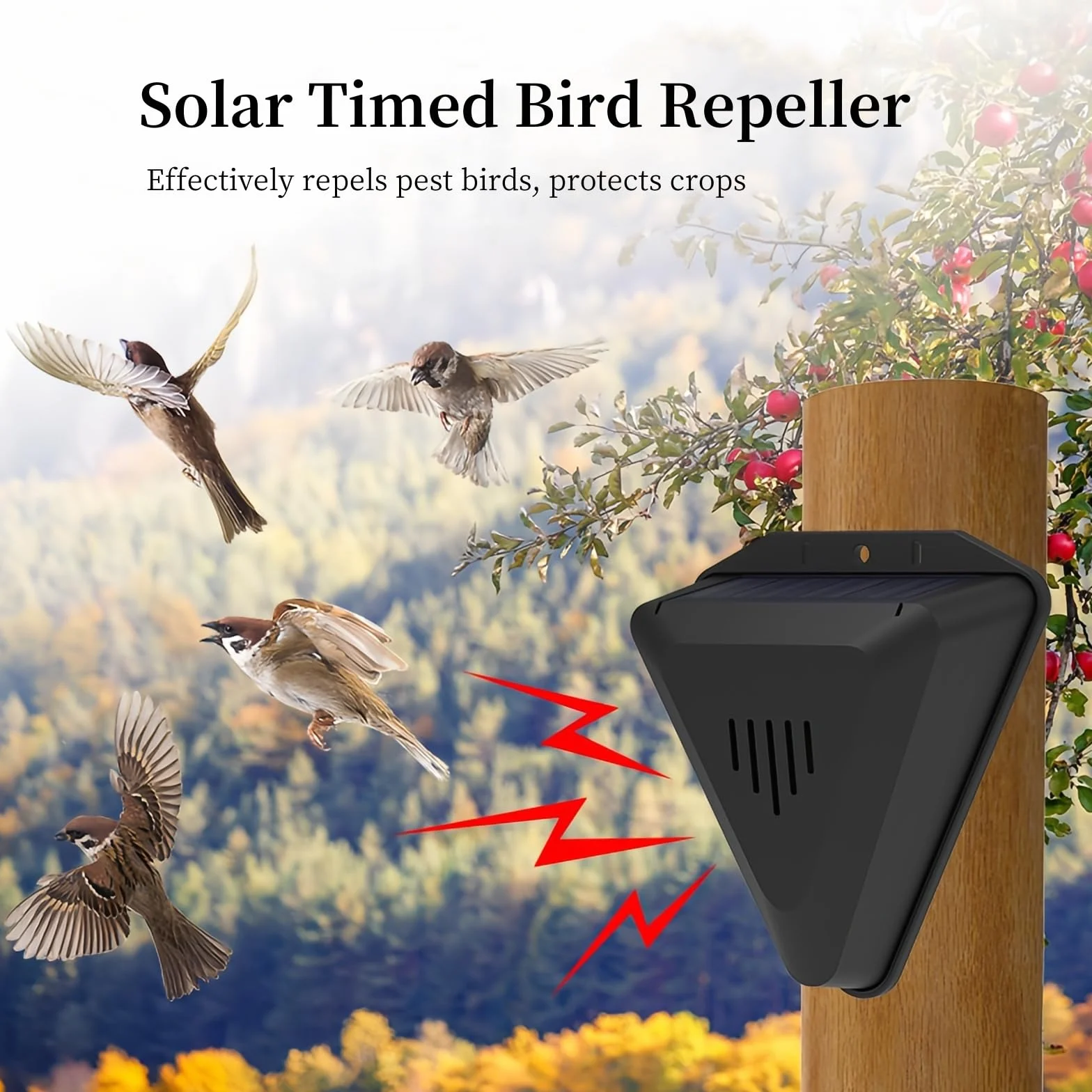 Zasilany energią słoneczną Solarny odstraszacz ptaków Alarm IP55 Wodoodporny 360 ° Wodoodporny Zintegrowana ochrona Wiele dźwięków Odstraszanie ptaków Wrogie rogi Nadaje się do patio