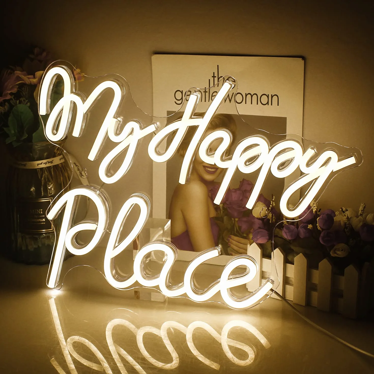 Neonowy znak My Happy Place, ciepłe białe światła neonowe do sypialni, znak LED z literami z zasilaniem USB do salonu, dekoracji ścian, pokoju gier, baru