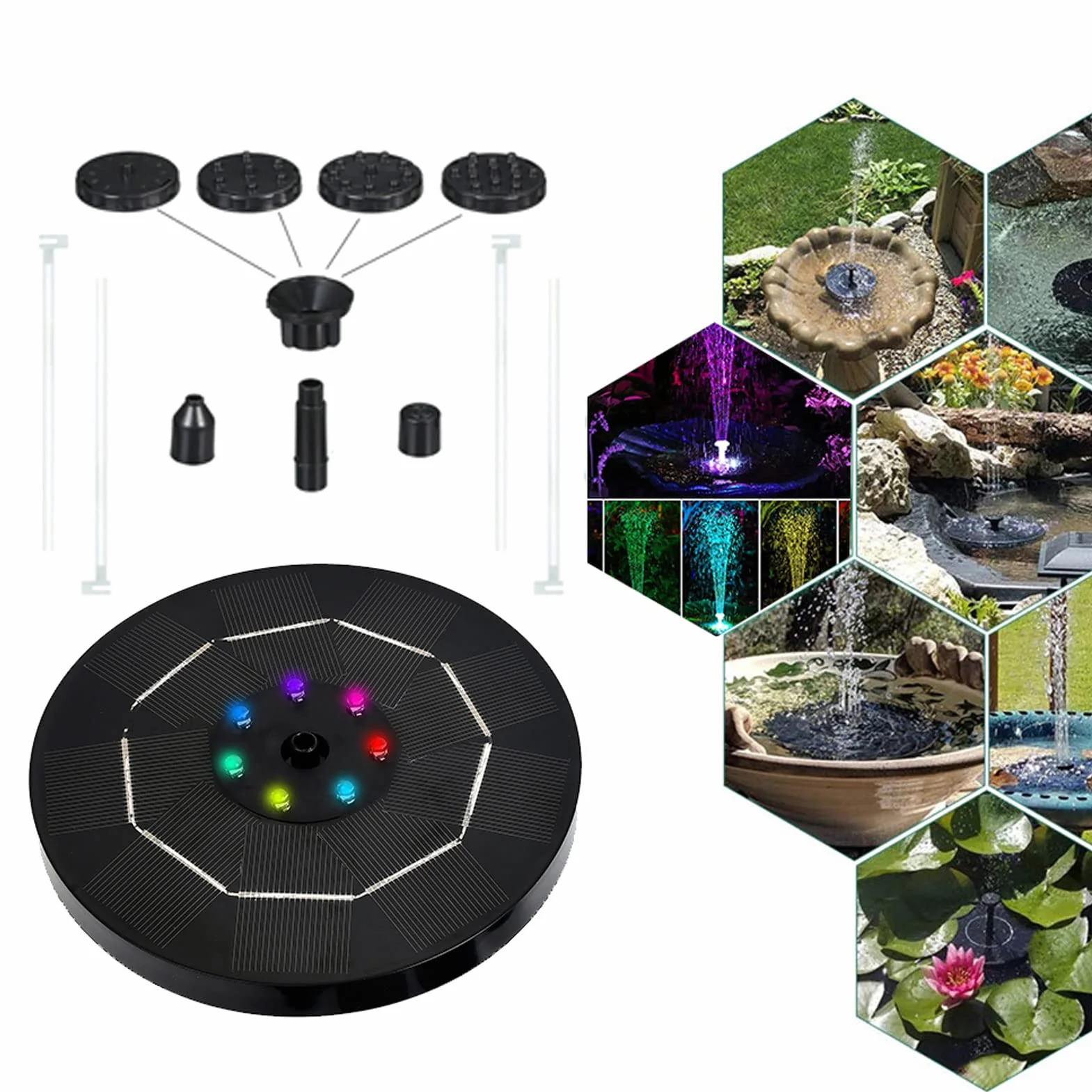 LED Solarna pompa fontannowa 3.5W, fontanna do kąpieli z 7 kolorowymi diodami LED, bateria 1800mAh, 6 dysz, czarna dysza