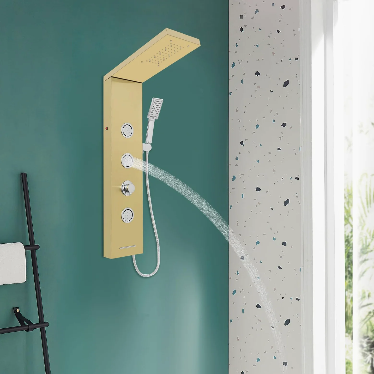 Panel prysznicowy ze stali nierdzewnej, panele prysznicowe, montaż narożny z oświetleniem LED, 3 tryby natrysku, deszczownica z głowicą prysznicową do masażu ciała, system prysznicowy z