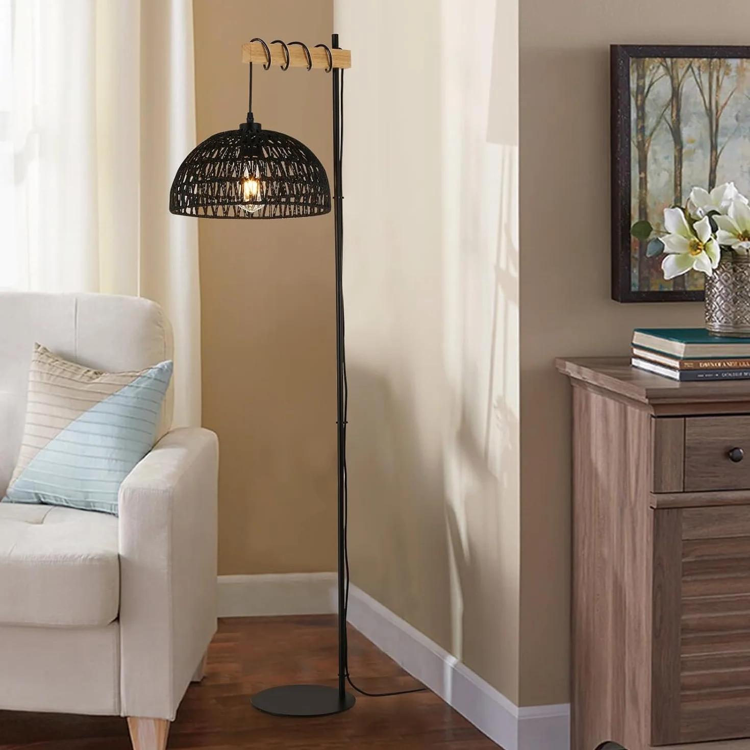Alpinaluz Lampa Podłogowa E27 Czarny Pleciony Papier Czarna Podstawa 158 cm | Ręcznie wykonany klosz Ø32 cm, styl boho nordycki z wtyczką i przełącznikiem nożnym do salonu, sypialni i czytania