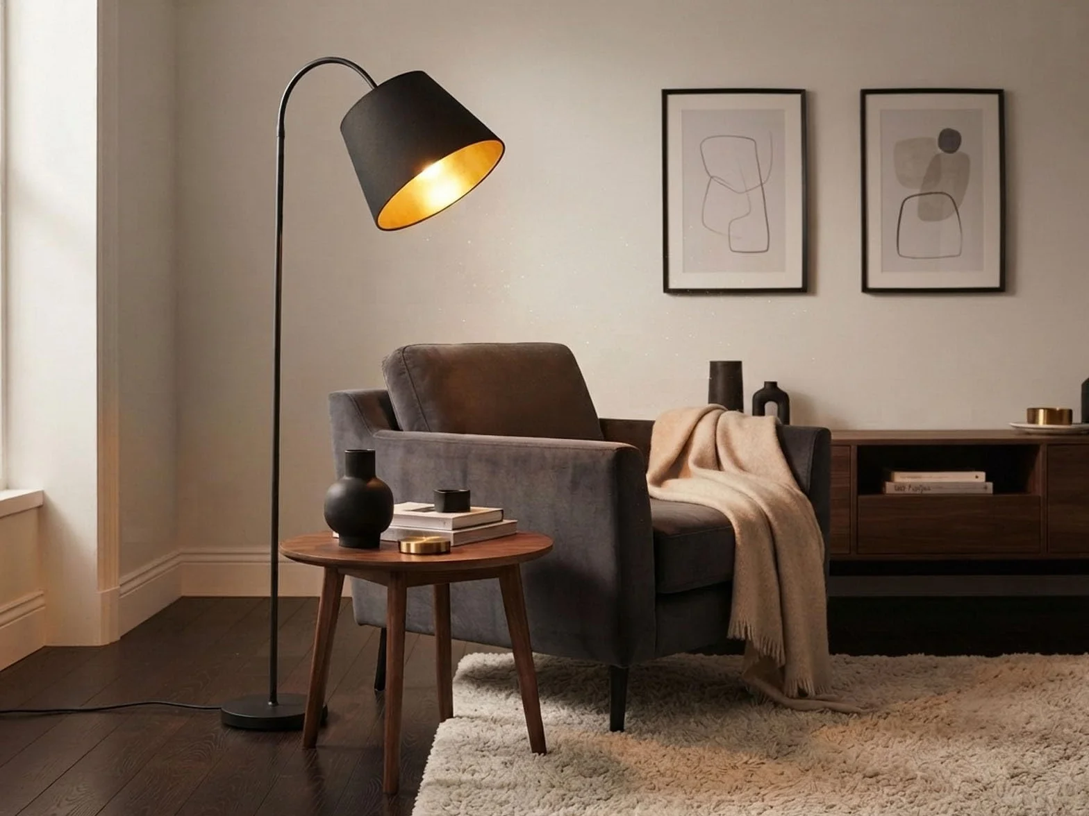 meineWunschleuchte Lampa podłogowa z ramieniem flex i abażurem z tkaniny w kolorze czarnym & wewnątrz złotym - wysokość 156cm, SP1003STEH, lampa podłogowa elastyczna